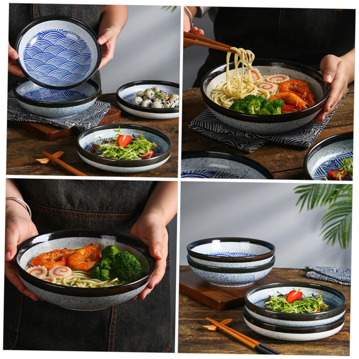 POPETPOP Assiette Creuse en Céramique Bleu Style Japonerie Vintage, Plat Pratique et Facile à Nettoyer pour Servir Repas et Snacks la Maison
