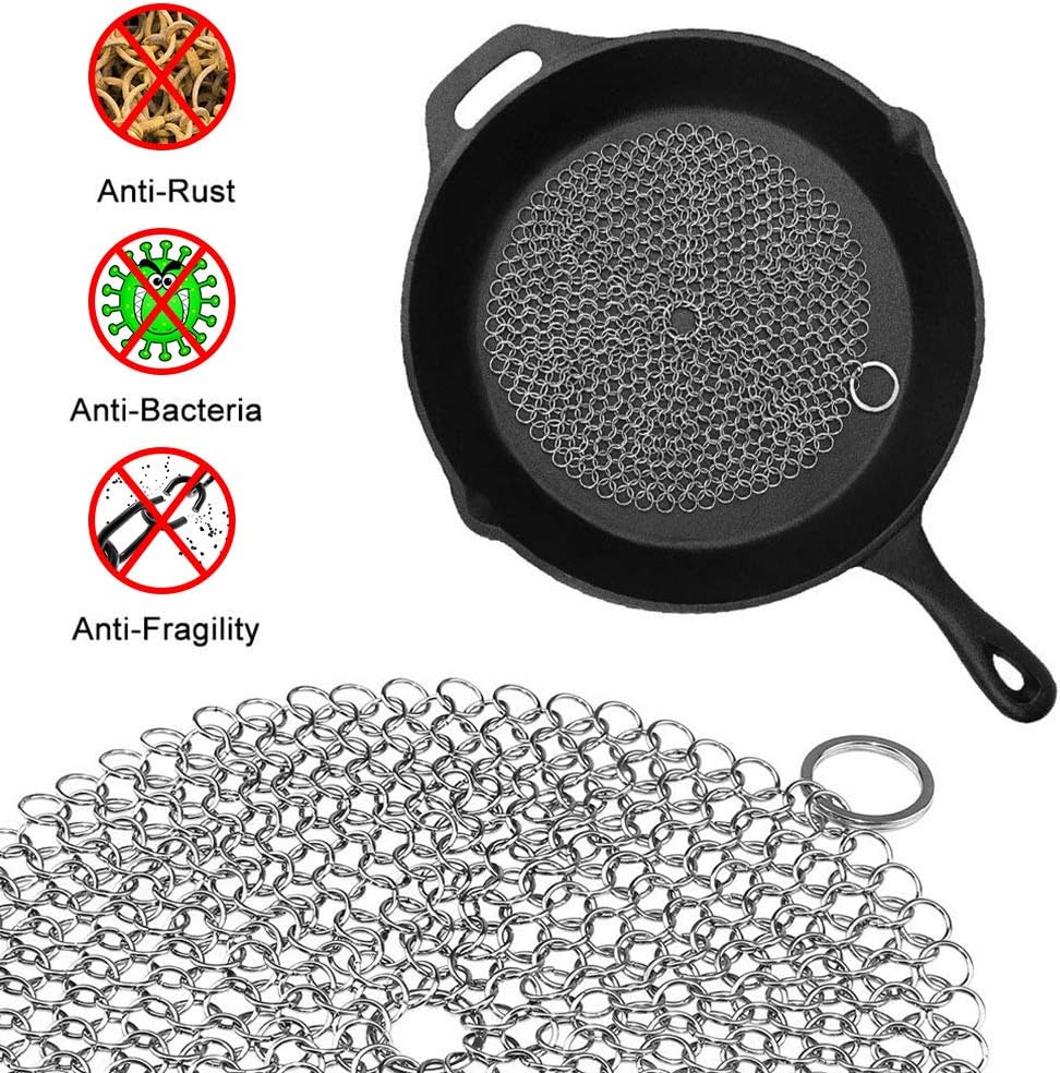 Cast Iron Cleaner 7”x7” Round 316 316 Stainless Steel Chainmail Scrubber Pan Scraper Cookware Accessories Pan Dutch Ovens Polycarbonate Skillet Scraper Pot Grill Brush Seasoning Cleani- 7X7 inch/Round: Home & Kitchen