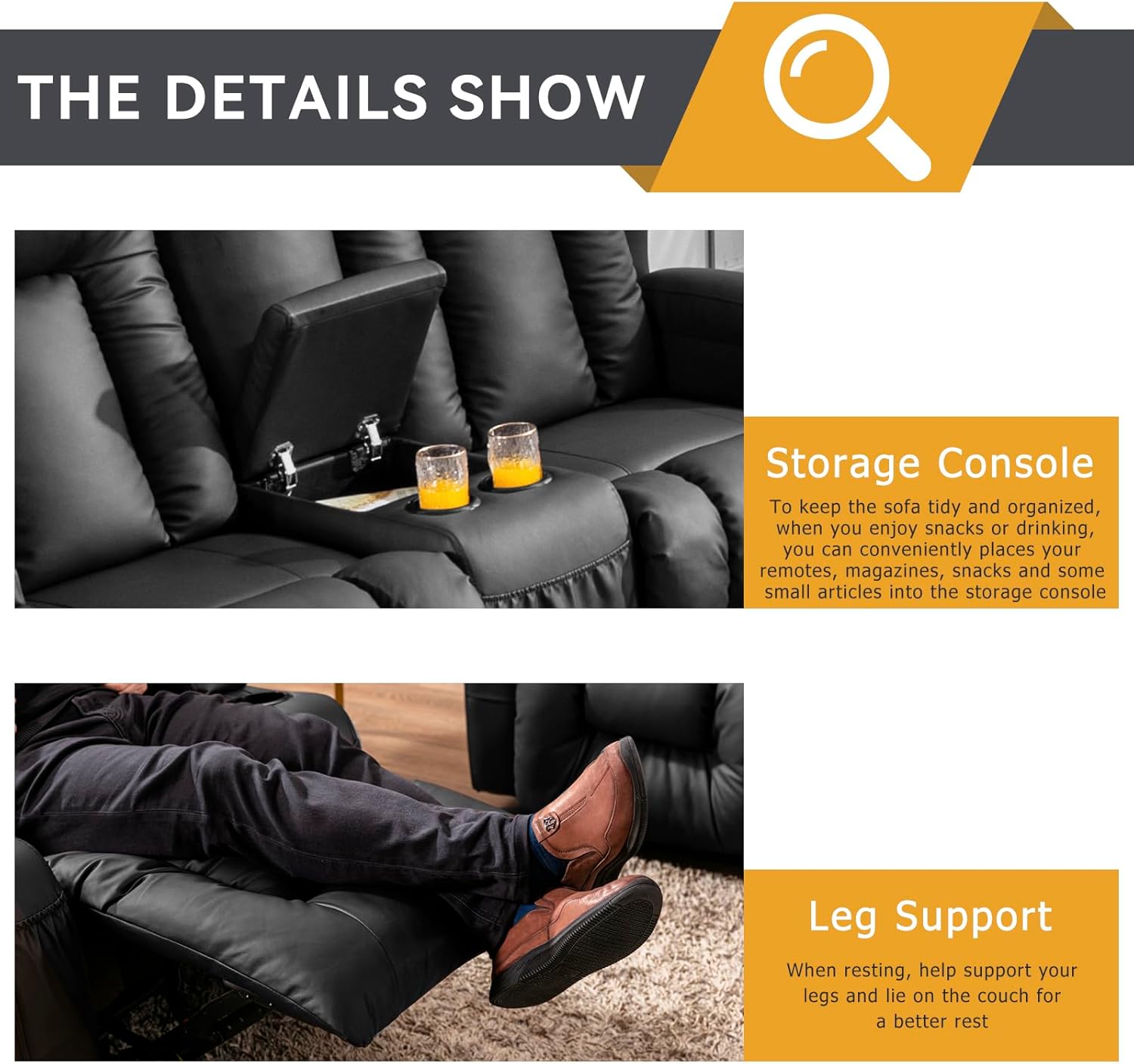 IPKIG 65.3" RV Loveseat Recliner Sofa with Storage Console, Leathaire Fabric Wall Hugger Reclining Chair with Cup Holders and Side Pockets, Home Theater Seating Manual Recliner for Living Room (Black)