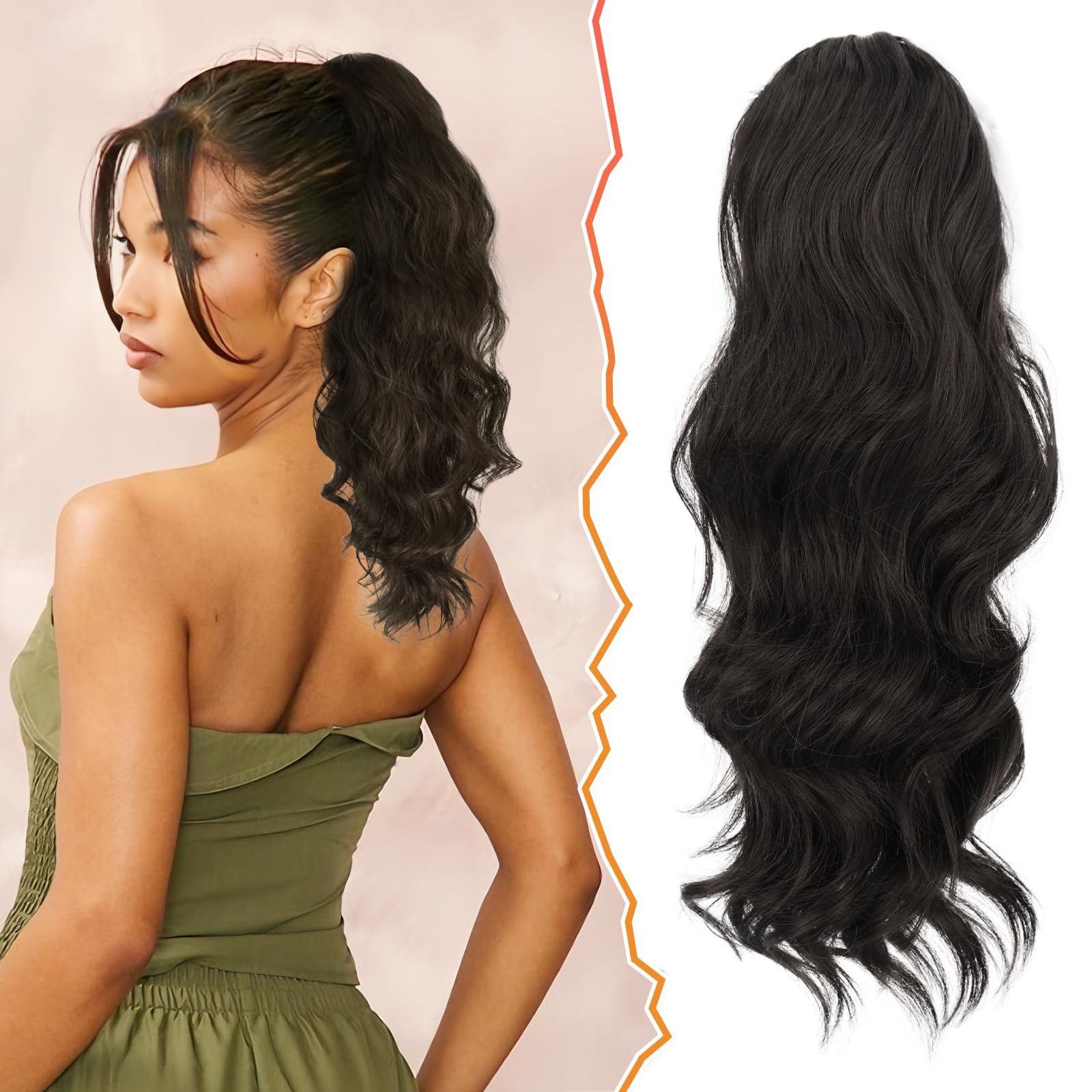 BARSDAR Drawstring Ponytail Extension, 16 Inch Black Brown Short Wavy Ponytail Hair Extensions for Women Soft Synthetic Clip in Pony Tails Hirpieces