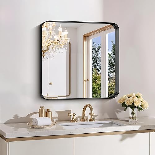 FORBATH Espejo de baño de 24 x 24 pulgadas para pared, espejos de tocador con marco de metal negro para sobre el fregadero, espejo rectangular de