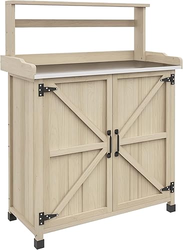 Outsunny Banco para macetas, mesa de madera para macetas al aire libre con armario de almacenamiento, estante de almacenamiento, banco de trabajo de