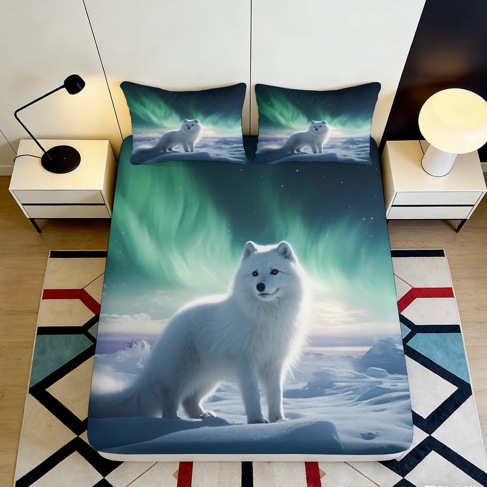 3D Printed Aurora Snow Fox Fitted Sheet Microfiber Non-Slip Deep Pocket Aurora Snow Fox Mattress Fitted Cover Bedroom Home 160x200x25cm