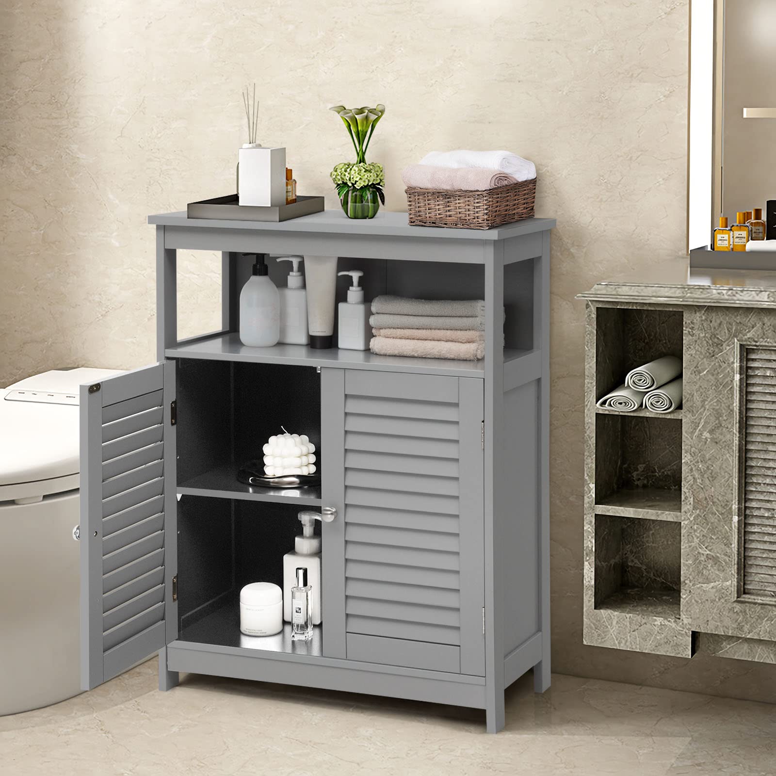 RELAX4LIFE Mobile da Bagno, Armadietto da Terra in Legno con Ripiano Regolabile, Mobiletto Salvaspazio per Cucina Soggiorno Corridoio Ingresso, 60 x 30 x 80 cm (Grigio)