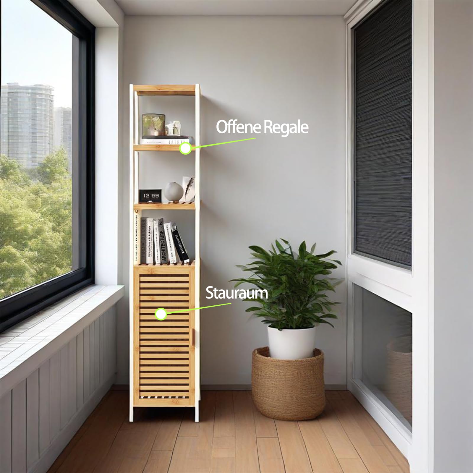 Estantería de bambú para baño con 3 compartimentos abiertos y armario, multifuncional, estantería de baño estrecha de pie con puerta, estantería de baño para pasillo, cocina, salón