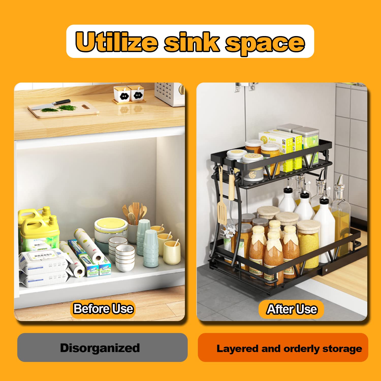 AVSMGP Scaffale portaoggetti per armadietto, Organizer Sottolavello Cucina, Organizer Cucina, Scaffale portaoggetti per armadietto con 2 cassetti scorrevoli per Ufficio Cucina,Nero