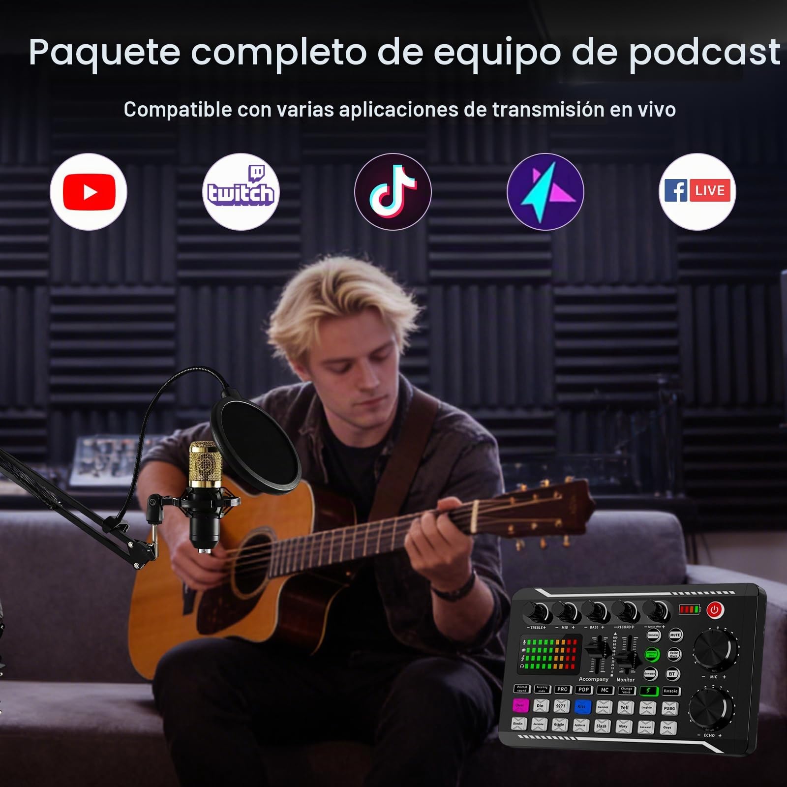Podcast F998 Live Sound Card mit BM800 Kondensator Mikrofon professionelle Podcast Equipment Bundle DJ Mixer Effekten für Live Streaming, Gaming, YouTube, TikTok