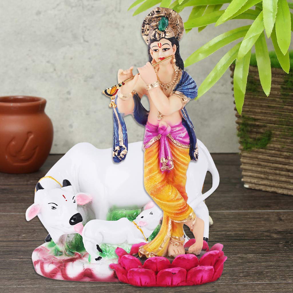 MARINER'S CREATIONPolyresin and Marble Dust Krishna Idol with Cow Showpiece for Home Decor (10x6x27cm Krishna, 16x10x11 cm Cow, Multicolour)