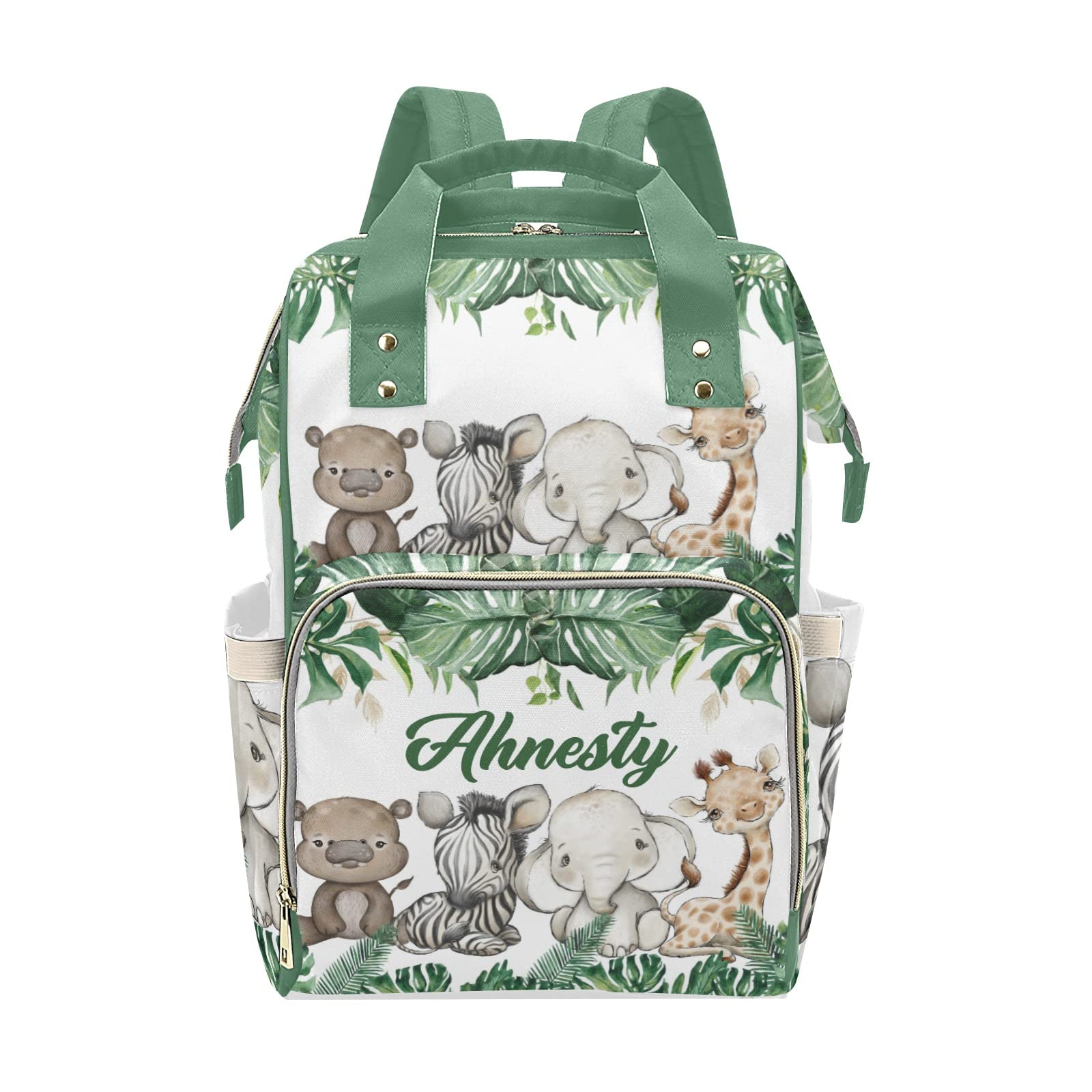 Jungle Animal Leaves Safari Bear Personalized Diaper Backpack with Name,Custom Travel DayPack for Nappy Mommy Nursing Baby Bag One Size