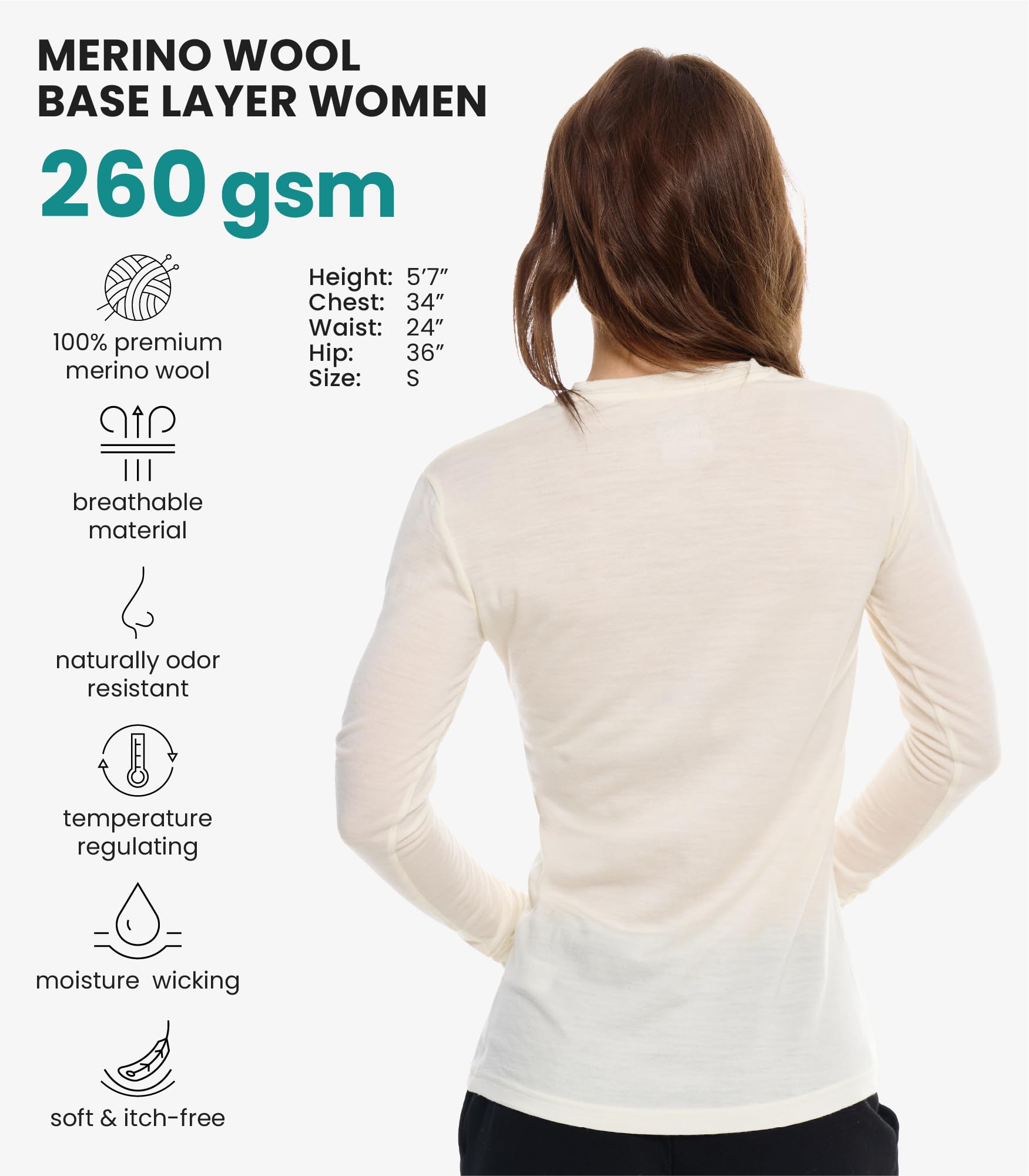 Merino.tech Сamisetas Mujer Manga Larga - 100% Lana Merino Ropa Termica (Medium, 190 Creamy Scoop)
