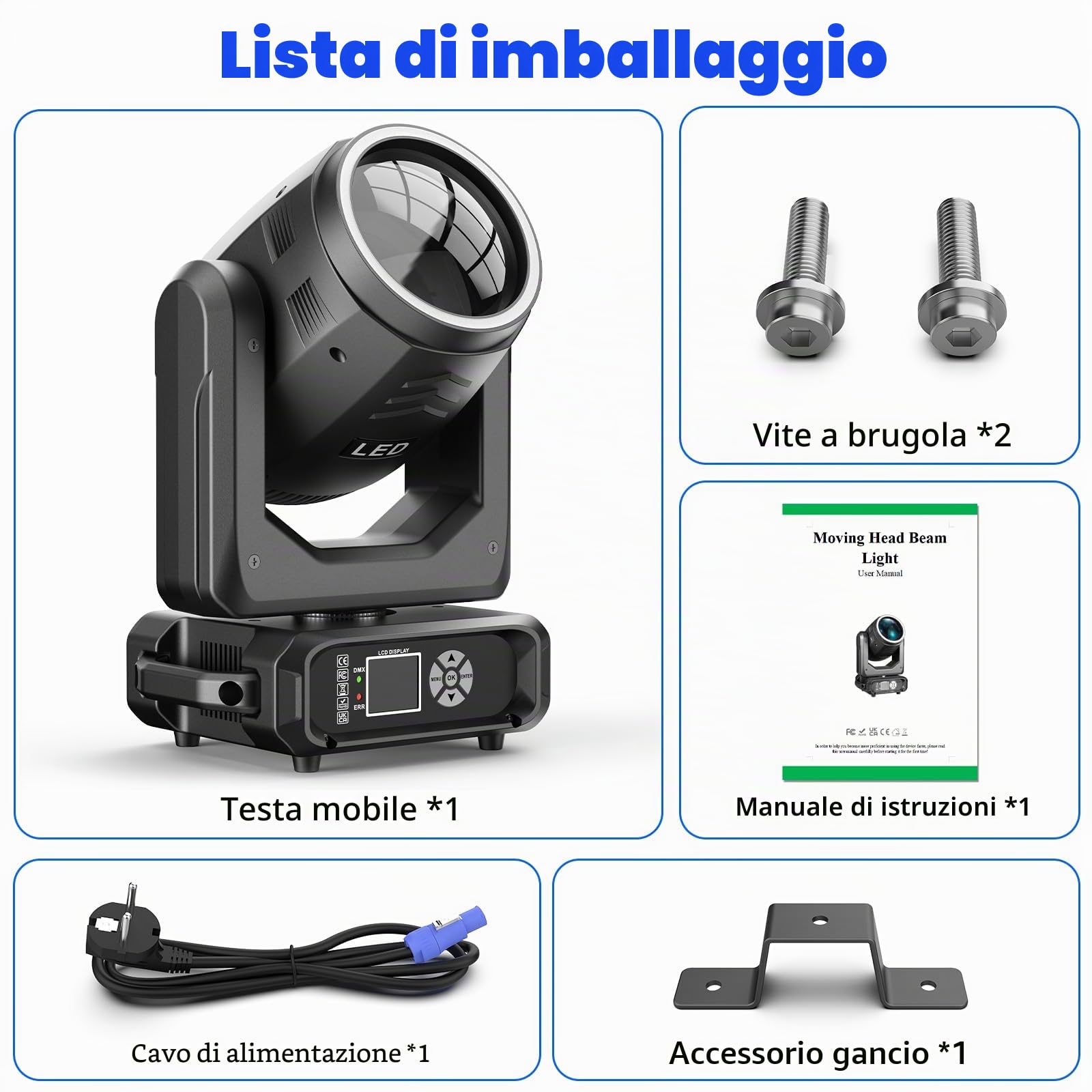 Teste Mobili LED Beam da 200W, Zoom Elettronico 18 Prismi 11+1 Colori e 14+1 Motivi Effetto di Atomizzazione LED RGB d-mx512 (16CH) per Palcoscenico Matrimoni DJ Feste e Natale