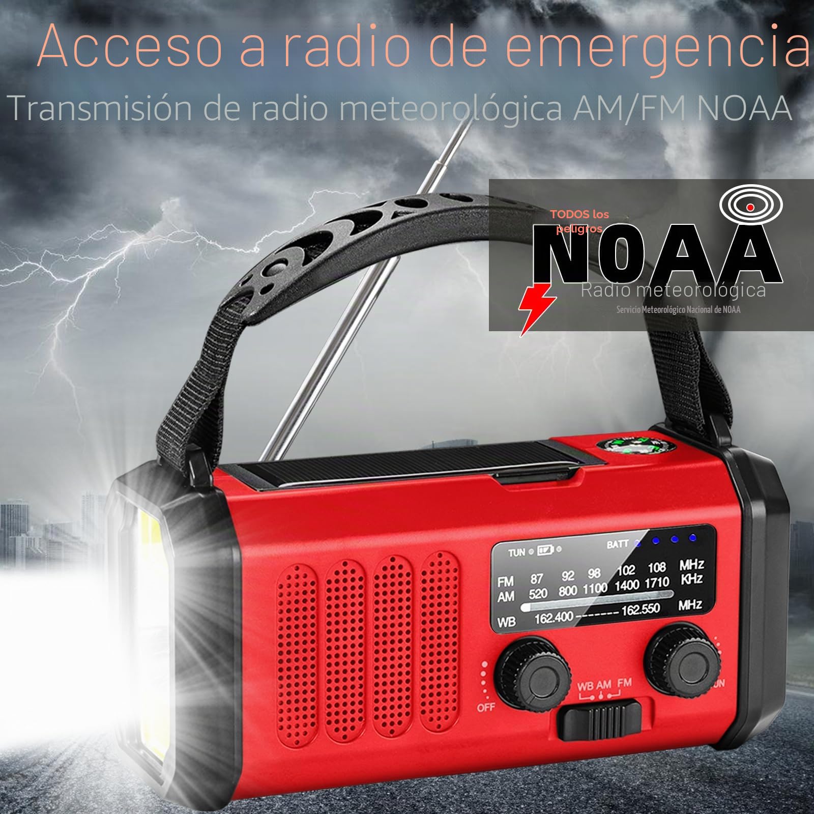 QAUYYW Radio de emergencia de manivela, 37 000 mWh, energía solar, radio meteorológica portátil NOAA AM FM con linterna de 3 modos y linterna de lectura, cargador de teléfono móvil, señal