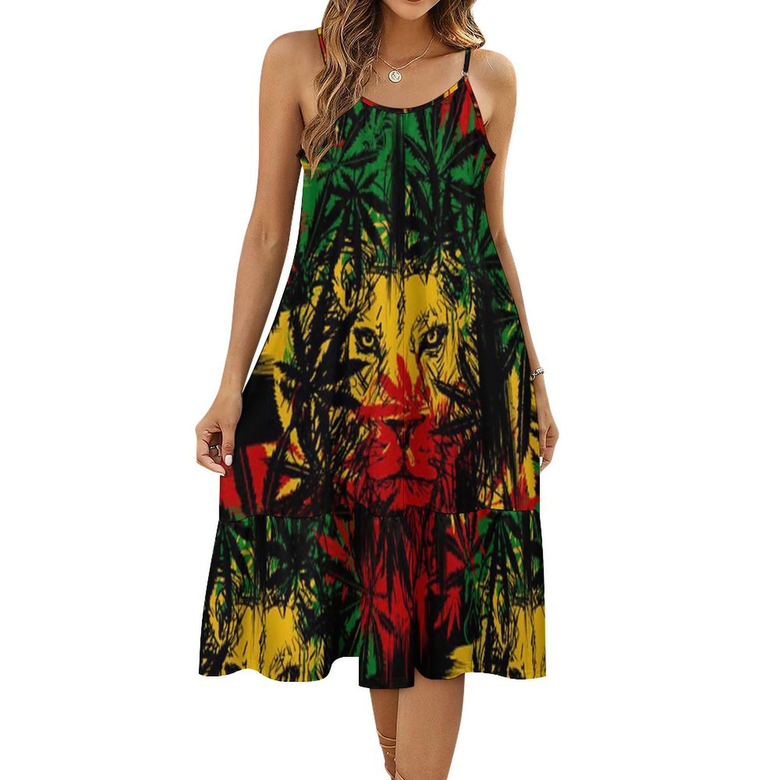 Jamaica Rasta Lion Women's Slip Dress Print Short Dress Beach Sundress Mini Dress Casual Swing Dresses 2XL