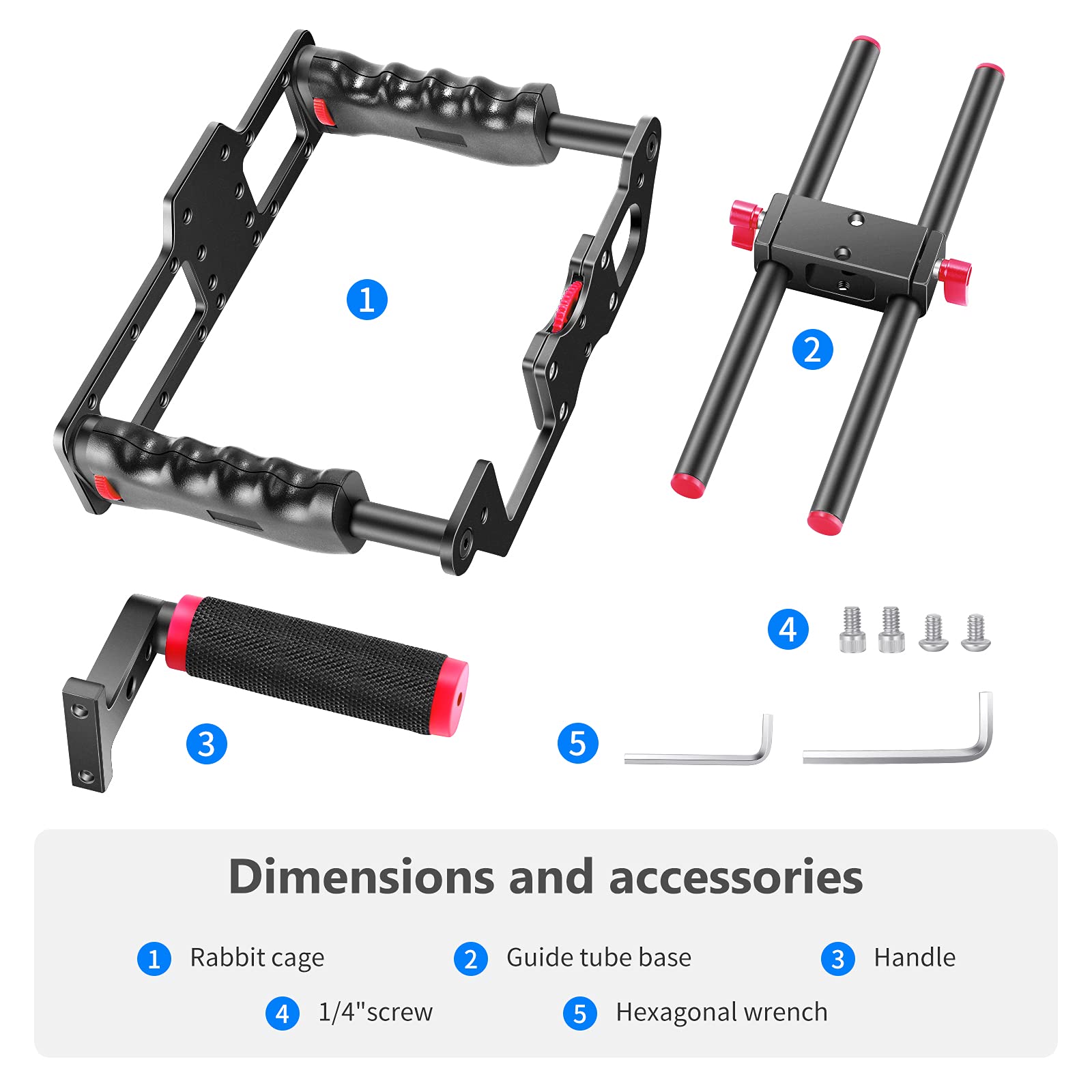 NEEWER Cámara de Aleación de Aluminio Jaula de Video Película Kit con Manija Superior, Empuñadura Doble, Dos Varillas de 15mm, Compatible con Canon Sony Fujifilm y Nikon (Rojo+Negro)