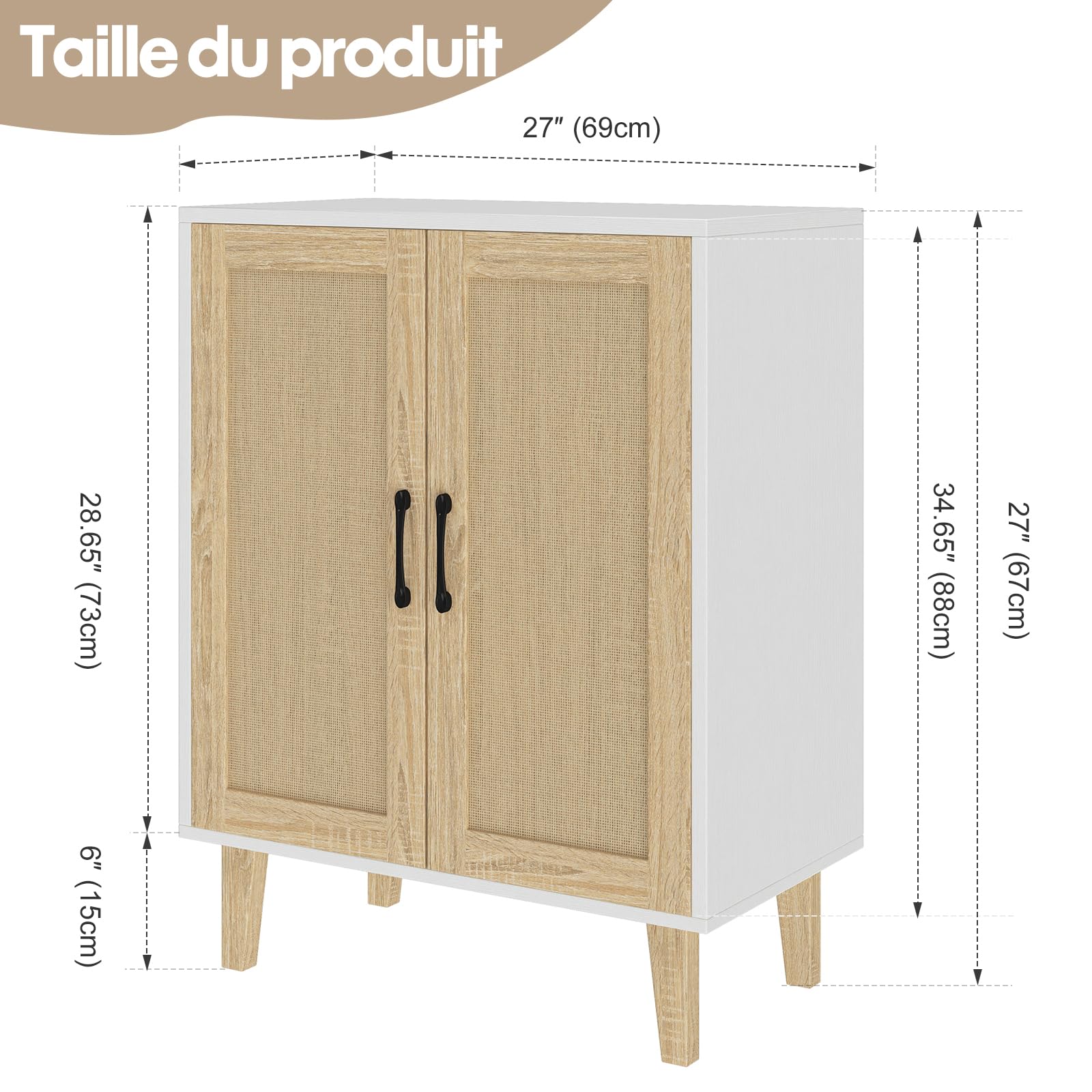 Panana Meuble de Rangement en Rotin et MDF, Buffets Haut Aspect sur Salon, Chambre, 69 x 38 x 88 cm (Blanc et Bois), MEFRSB57