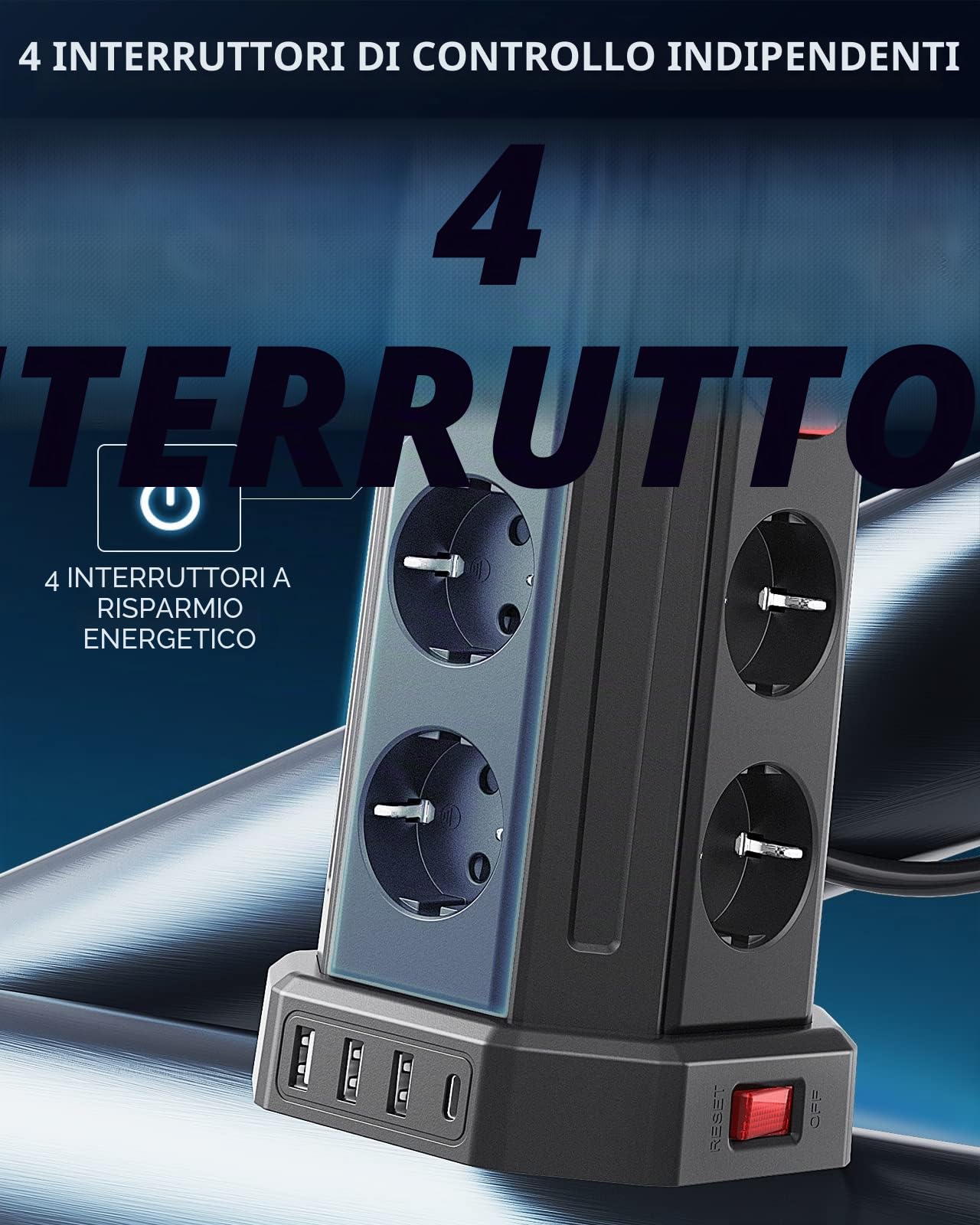 3 M Ciabatta Elettrica Multipresa, con 8 Prese e 3 USB A+1 USB C, protezione Sovratensione con interruttori indipendenti, Negro F (Schuko)
