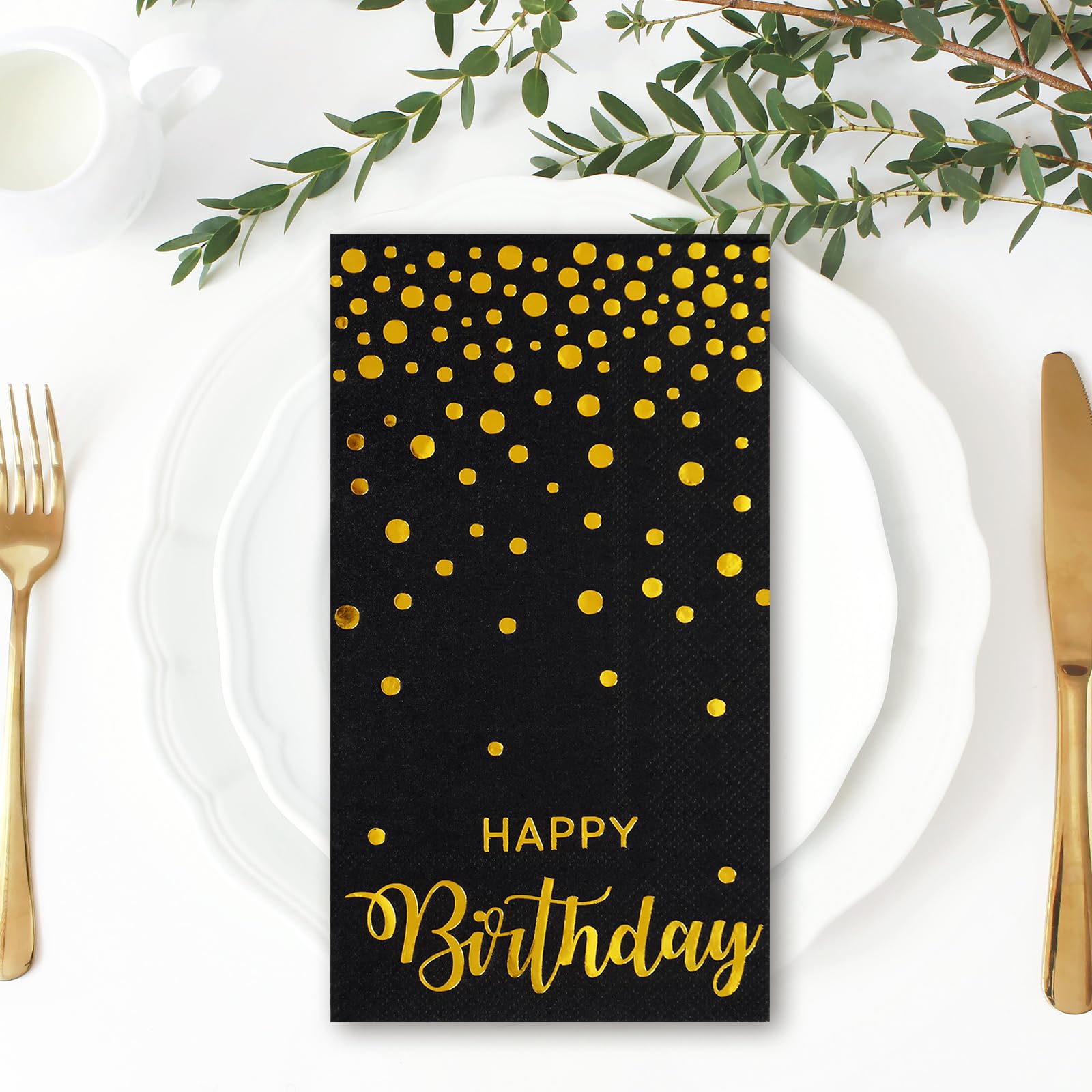 JarThenaAMCS 50 servilletas de papel desechables para invitados de feliz cumpleaños, papel de aluminio negro y dorado, servilletas de mano, para decoración de mesa de fiesta de cumpleaños