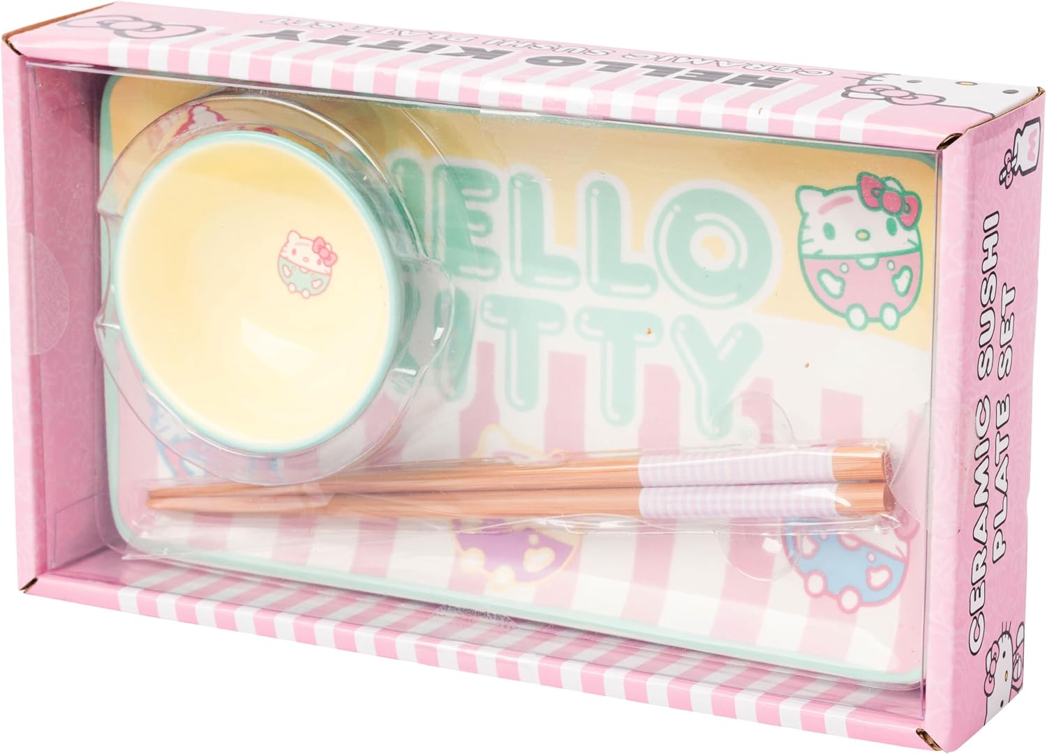 Silver Buffalo Sanrio Hello Kitty Pastel Colored Ceramic Sushi Set with Dipping Sauce Dish and Matching Chopsticks