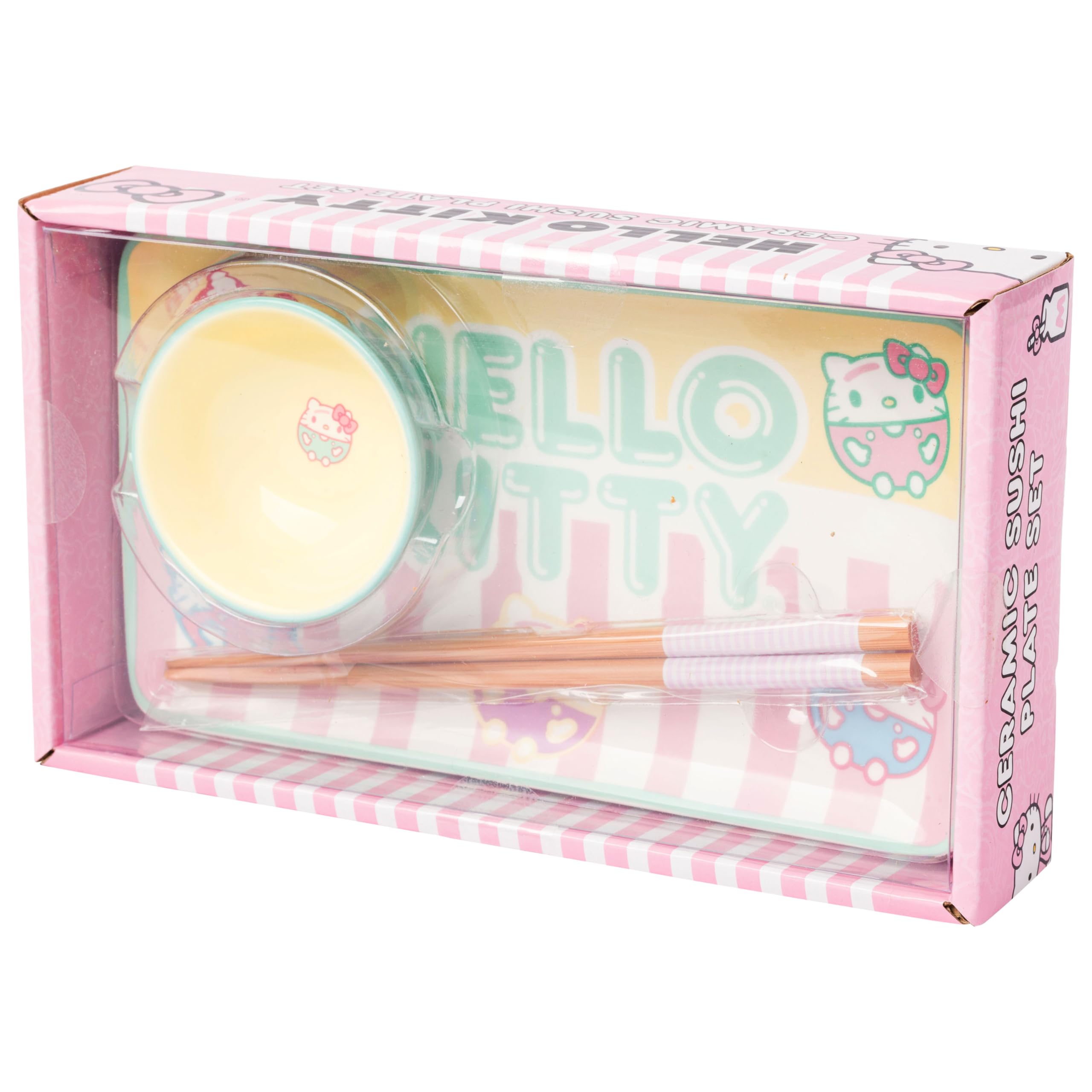 Silver Buffalo Sanrio Kawaii Ceramic Sushi Set with Dipping Sauce Dish and Matching Chopsticks: Mini Hello Kitty Pastel