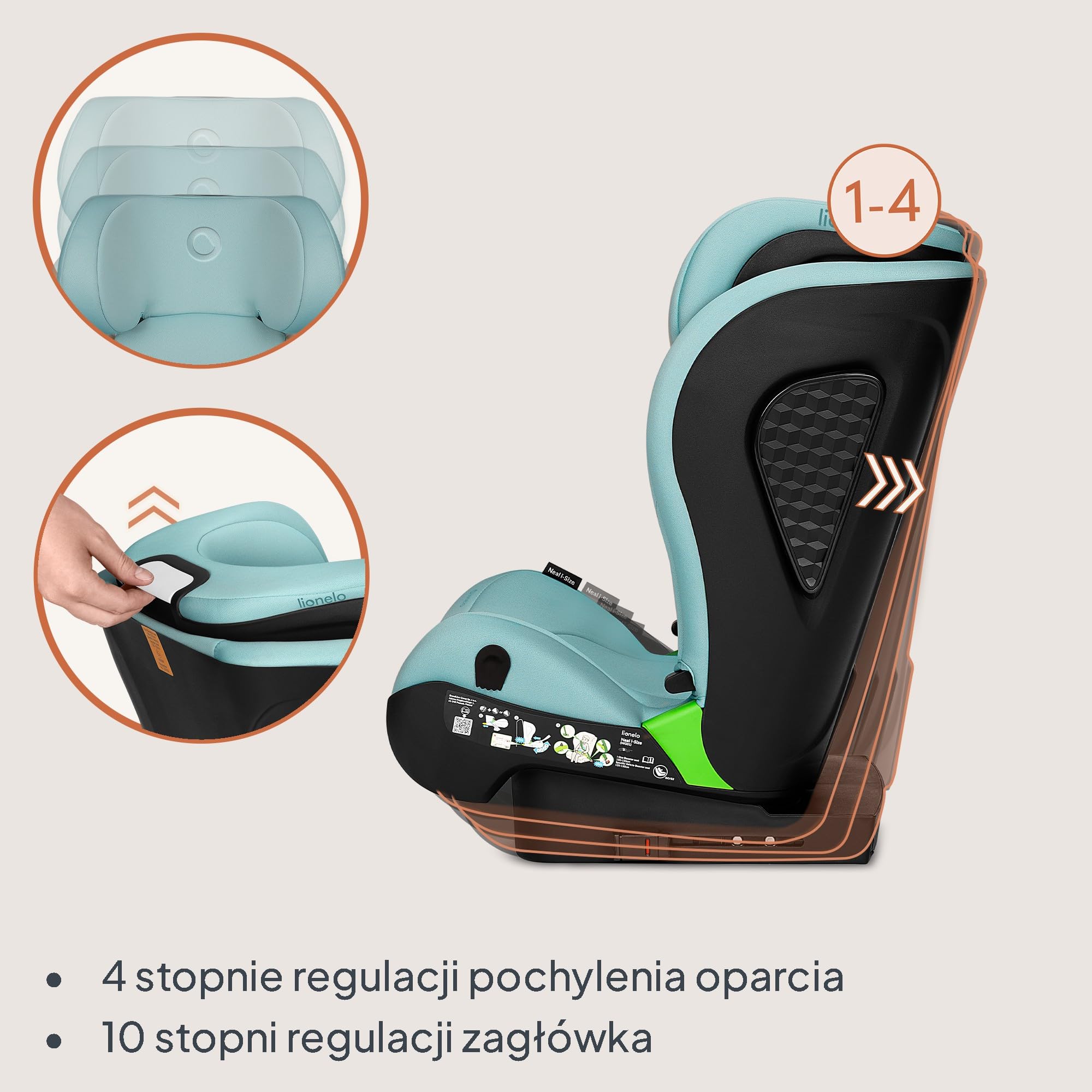 LIONELO NEAL I-SIZE fotelik dziecięcy, grupa 2 3, od 100 do 150 cm od ok. 3 do 12 lat, mocowanie ISOFIX lub bez pasków, regulowany zagłówek, ochrona boczna, podłokietniki standardowe R129