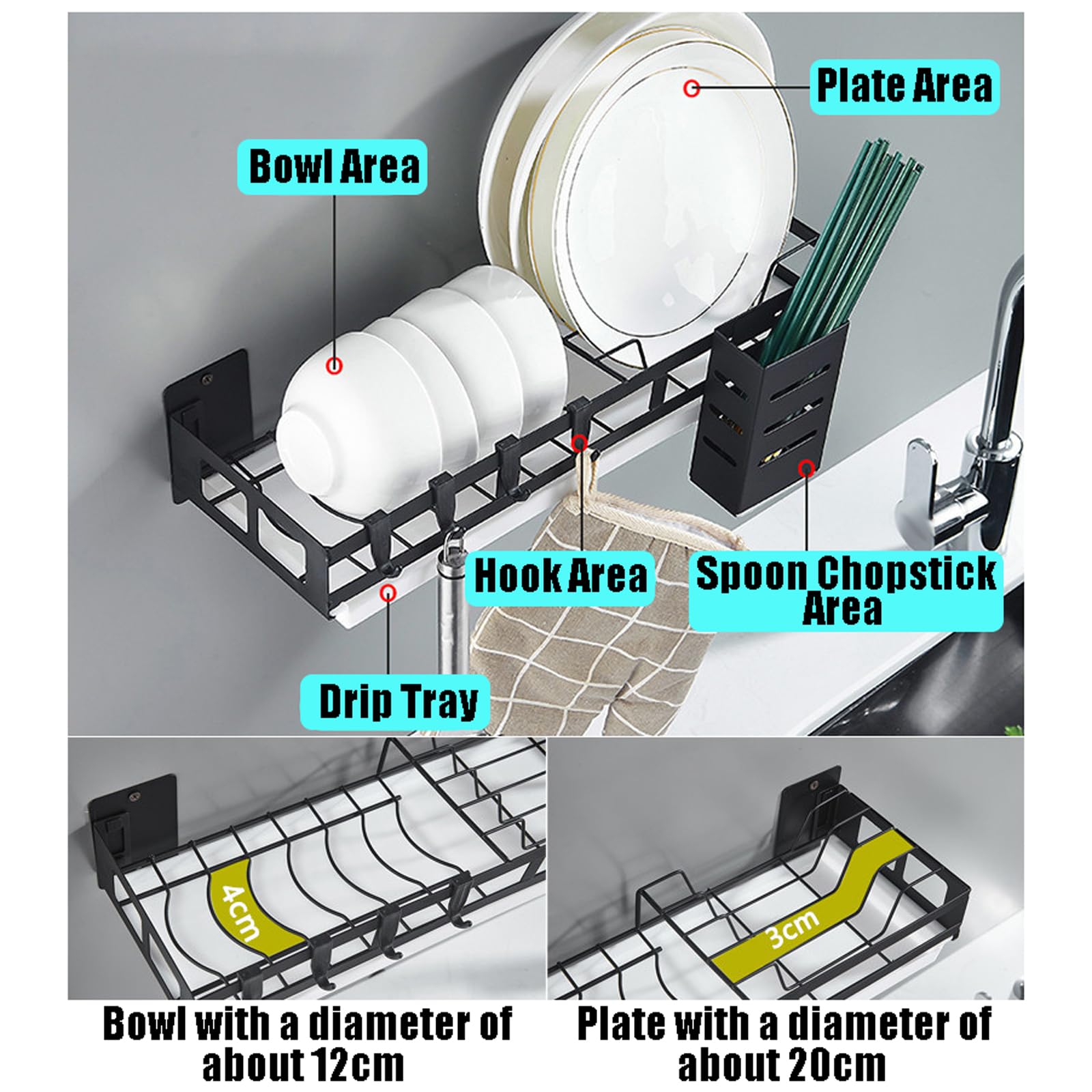 Escurridor De Platos De Pared,Escurreplatos Pared,Escurreplatos Acero Inoxidable con Ganchos,Escurreplatos sobre Fregadero,Sin Taladro,Ahorro De Espacio,para Guardar Cuencos,Platos