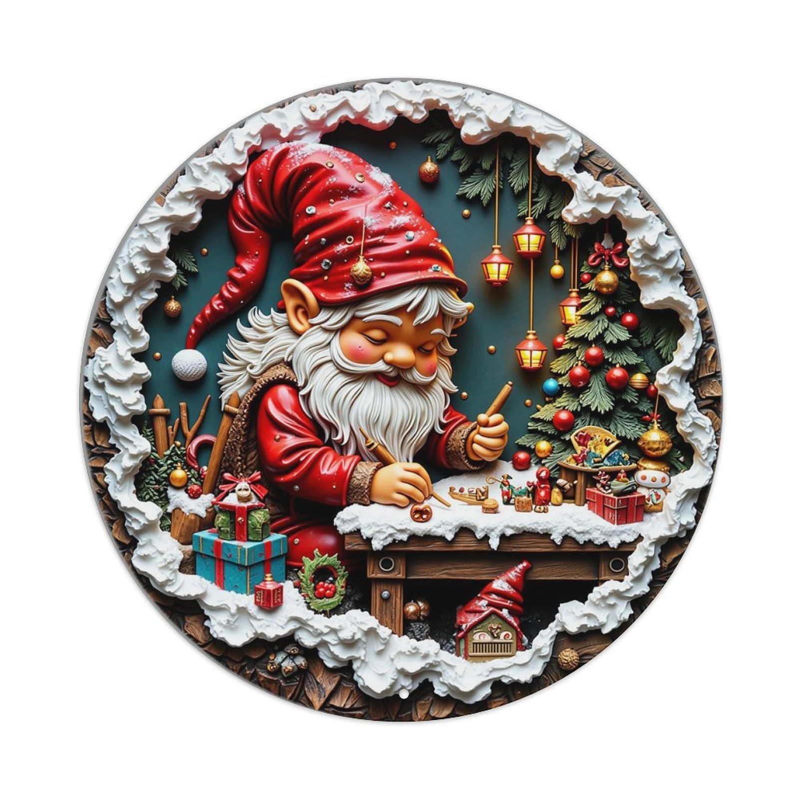 Jdyaojiesheng Vintage Christmas Gnome Workshop Scene Round Tin Sign Retro Metal Wall Decor Metal Poster, Home Bar Garage Farmhouse Cafe Wall Art Decoration 8X8inch