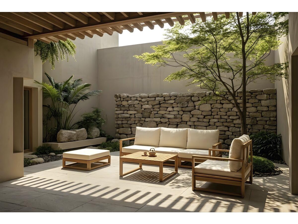 Salon de Jardin en Bois modulable avec Coussins Bellingham - 5 Places - Beige