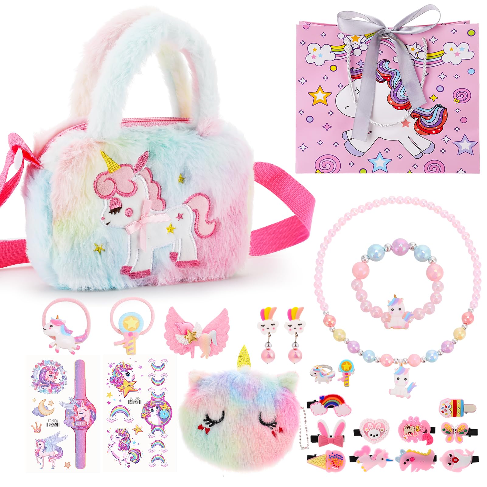 Lot de 23 cadeaux licorne pour filles de 3, 4, 5, 6, 7, 8 ans, ensemble de bijoux licorne avec sacs, bijoux pour enfants, épingles à cheveux, tatouages temporaires, sacs cadeaux
