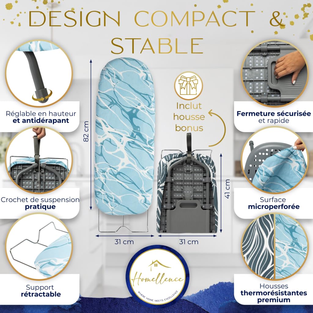 Homellence Petite Table A Repasser Pliable Compacte - Table Repassage Portable Voyage - Mini Planche A Repasser Pliable - 2 Housses Premium Incluses - Solution Gain de Place Maximale (Bleu)
