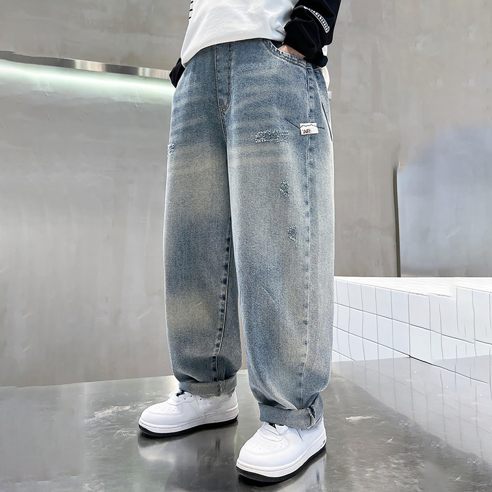 Vaqueros para Niño, Pantalones Vaqueros de Verano Diseño Holgado y Recto para Niños con Múltiples Bolsillos Estilo Urbano Cómodo