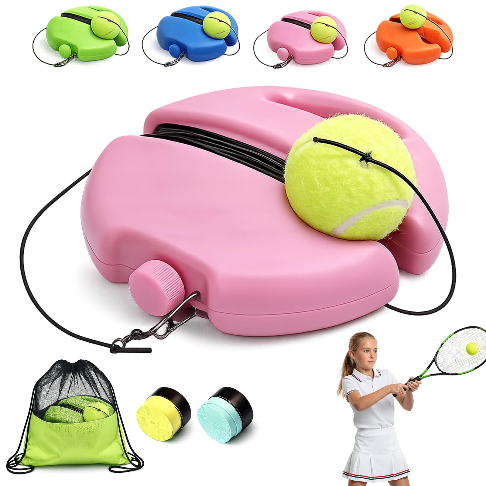Liocwocne 2026 New Tennis Ball Training Baseboard - Solo Tennis Trainer Rebound Ball with Anti-Tangle String & Weighted Anti-Slide Base, Portable Practice Equipment for Adults, Beginners (Pink,1 Set)