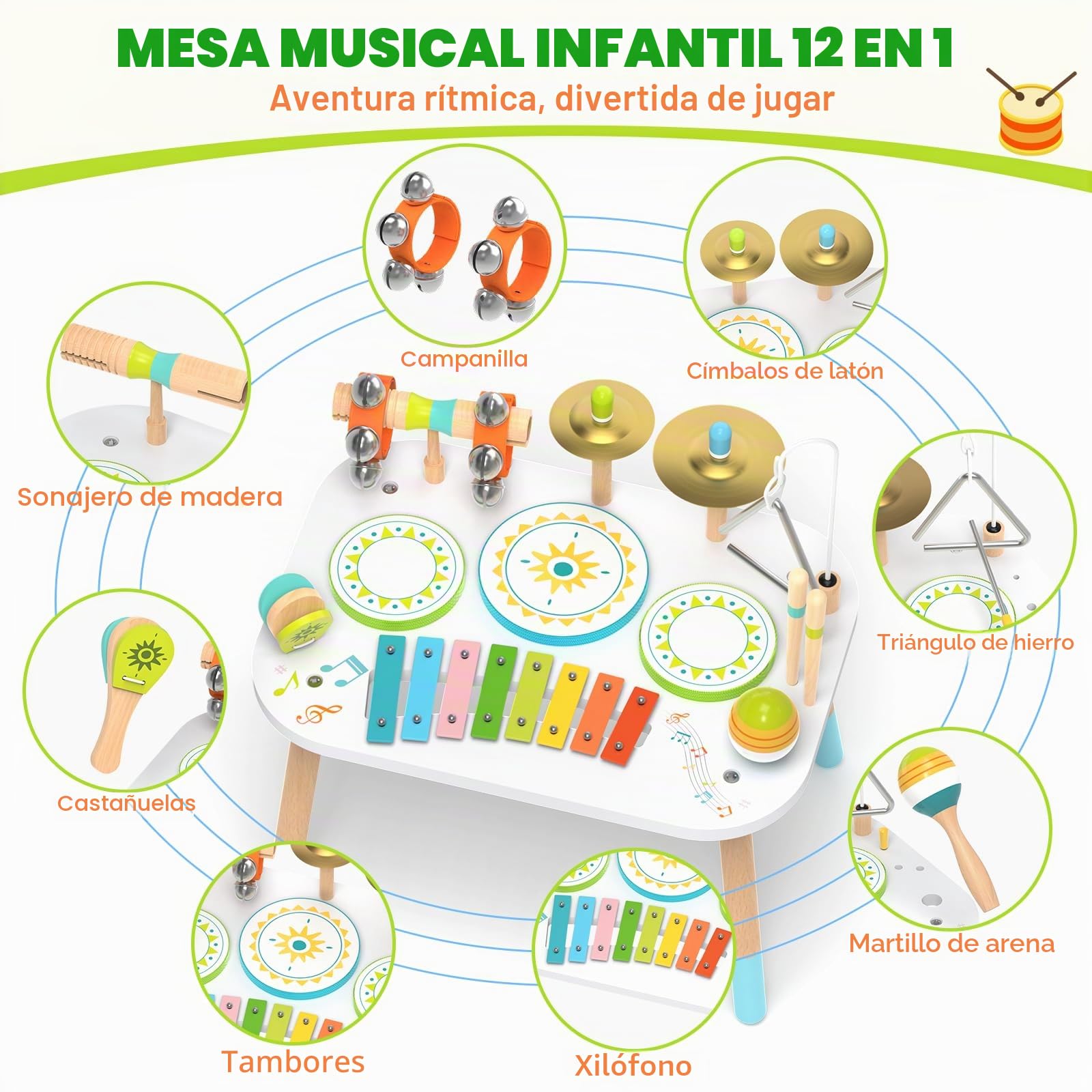 Batería 12‑en‑1 para Niños 1‑3 Años, Mesa Instrumentos Musicales Bebé, Juguetes Madera Montessori con Xilófono, Bongos, Platillo, Maracas & Cascabeles de Muñeca, Regalo Cumpleaños Niño Niña 1 2 3 Años