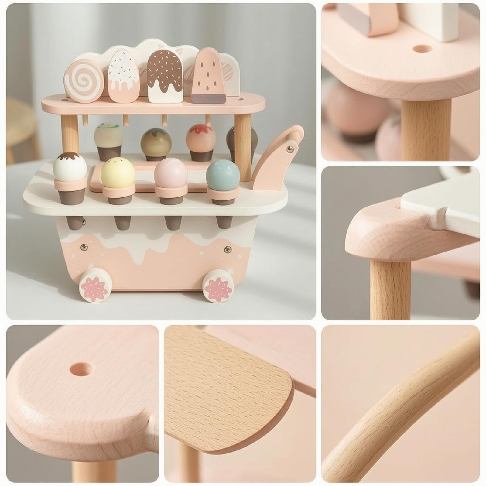 Kinder Rollenspiel Wagen Eiswagen Dessertwagen Verkaufsstand aus Holz mit Spielmarken Und Spielzeug Eisdesserts für Fantasievolles Kaufladen Spiel für Kinderzimmer Spielzimmer Kita