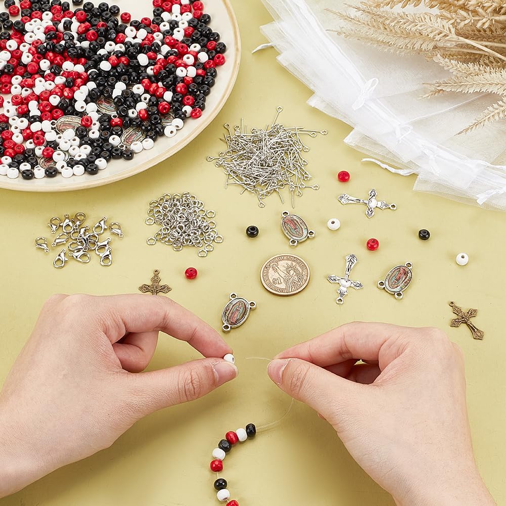 PH PandaHall 1160pcs Wooden Bead Rosary Necklace Making Kit First Communion Prayer Making Set Round Wood Beads Cross Charms Pendants for Easter Baptism Favors Necklace Bracelet Earrings Making - Image 3