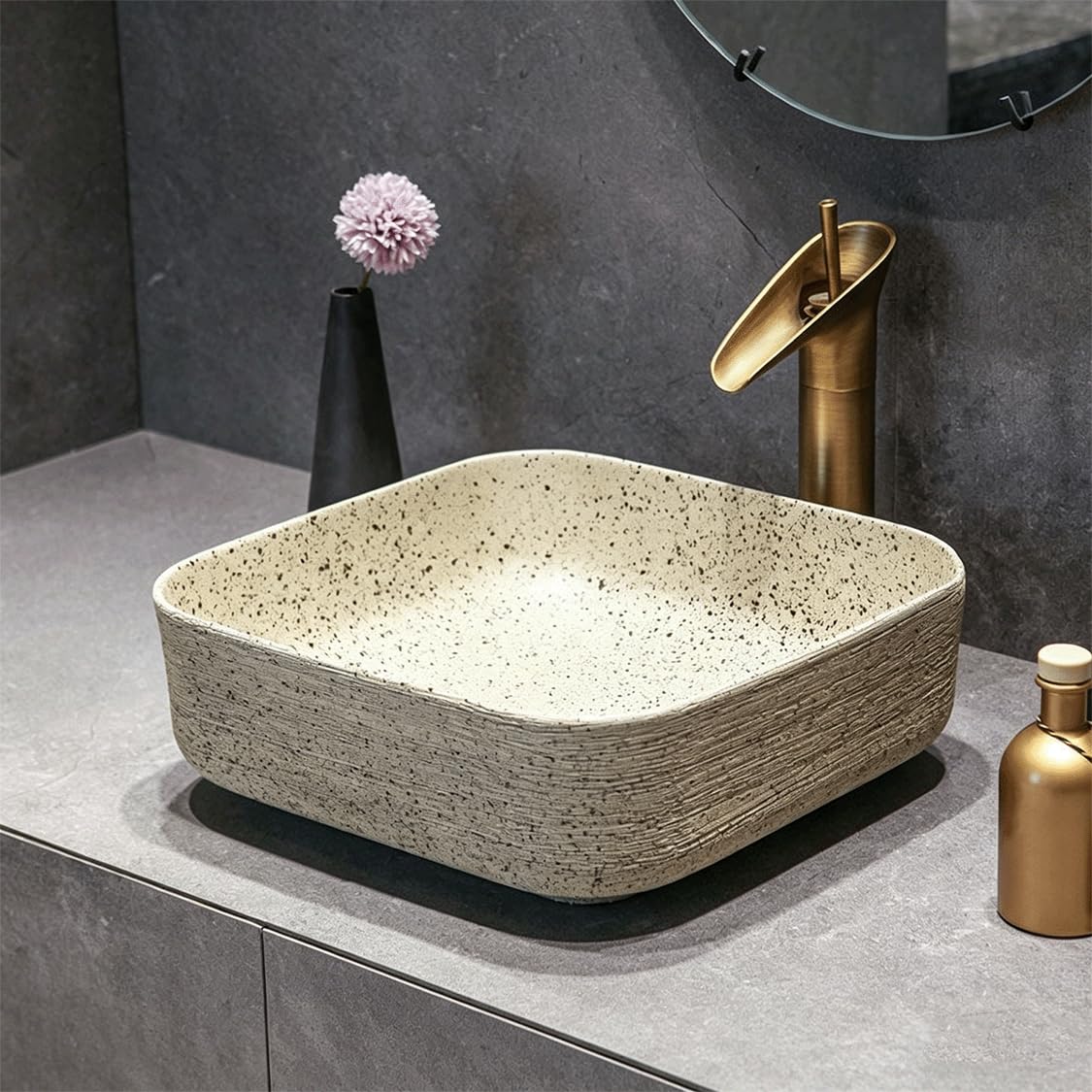 QjxSXLFSX Bathroom Vessel Sink Above Counter Bowl Sinks, High-temperature firing creates a brushed texture, for Bathroom, Hotel, Toilet, RV.,D,38.5×38.5×14cm