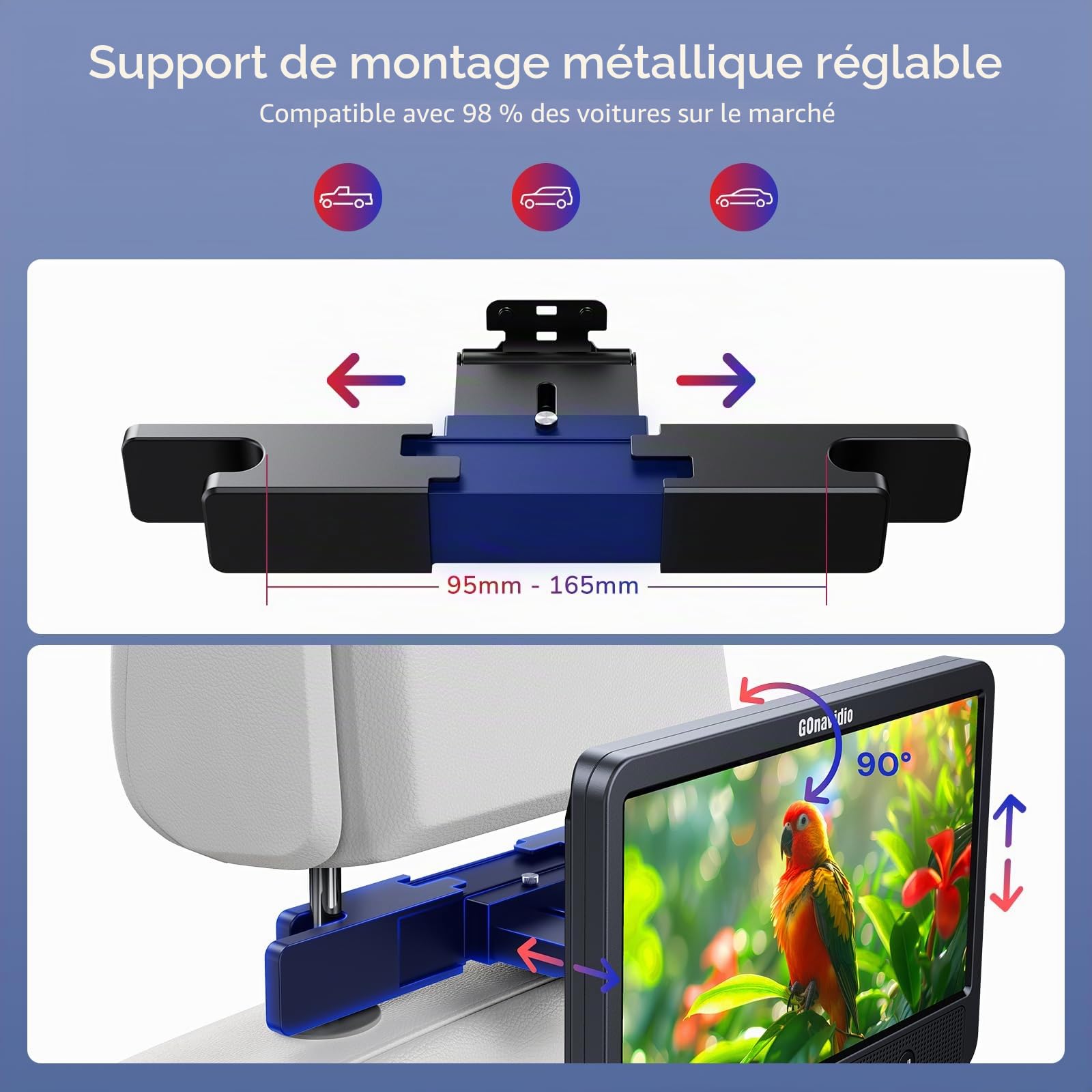 GOnavidio Lecteurs DVD de voiture doubles de 10,1" avec entrée HDMI, chargeur mural, 2 écouteurs, prise en charge de la région libre, dernière mémoire, entrée AV et sortie AV, carte USB/TF (2 lecteurs