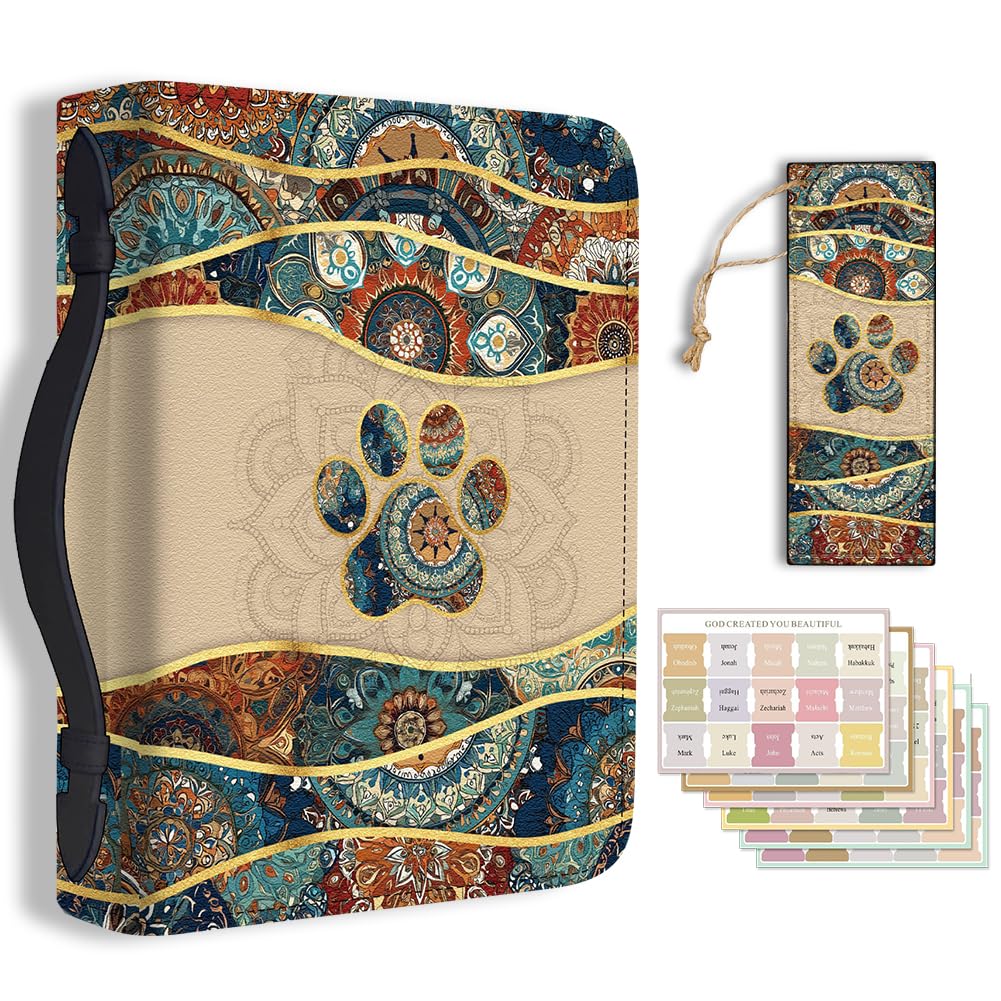 Hobbspring 1pc Large Bible Cover 20.3x28.5x5.9cm PU Leather Bible Case with Bookmark Mandala Paw Prints Bible Carrying Case for Women Men Christian Bible Note Books Carrying