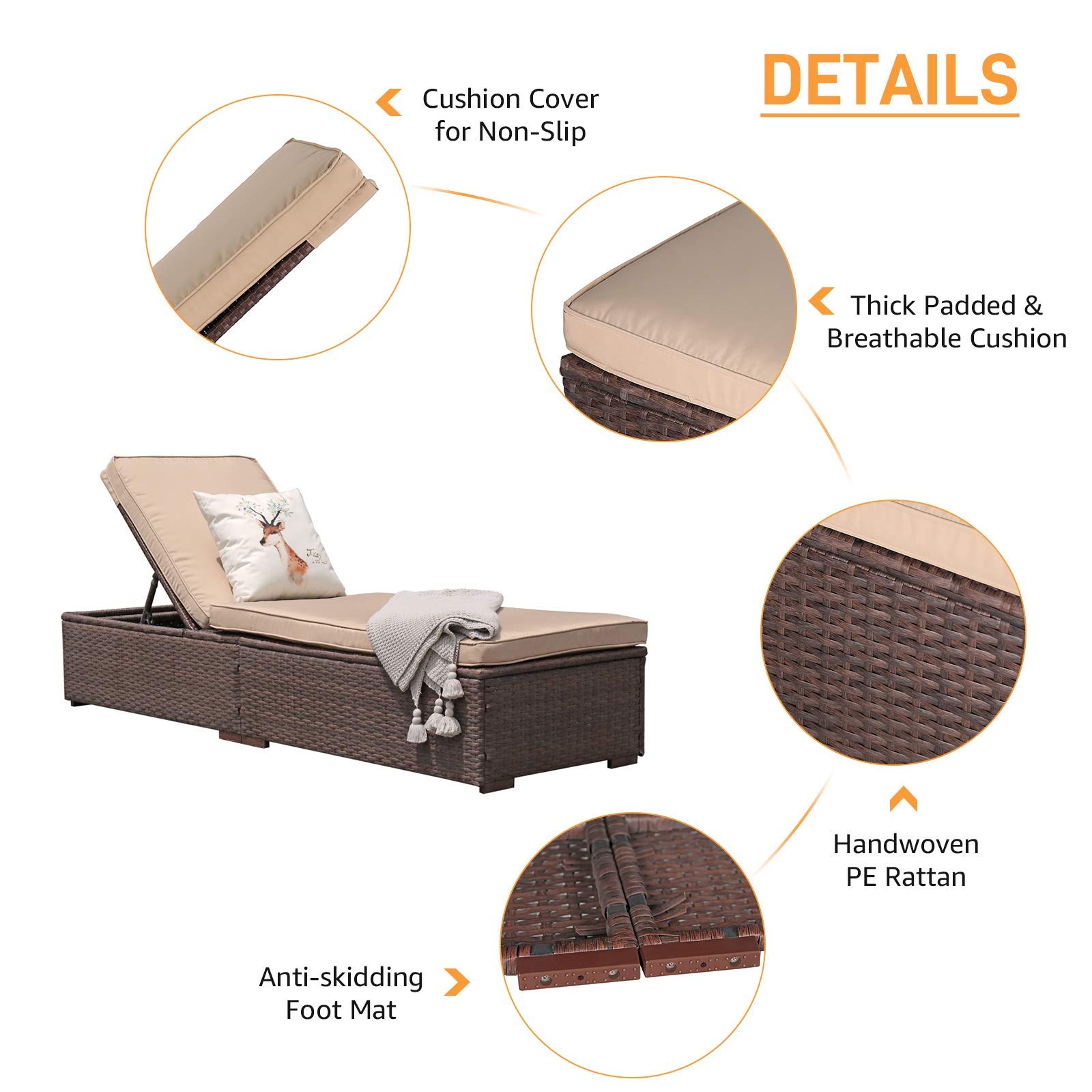 Patiorama Outdoor Patio Chaise Lounge Chair, Elegant Reclining