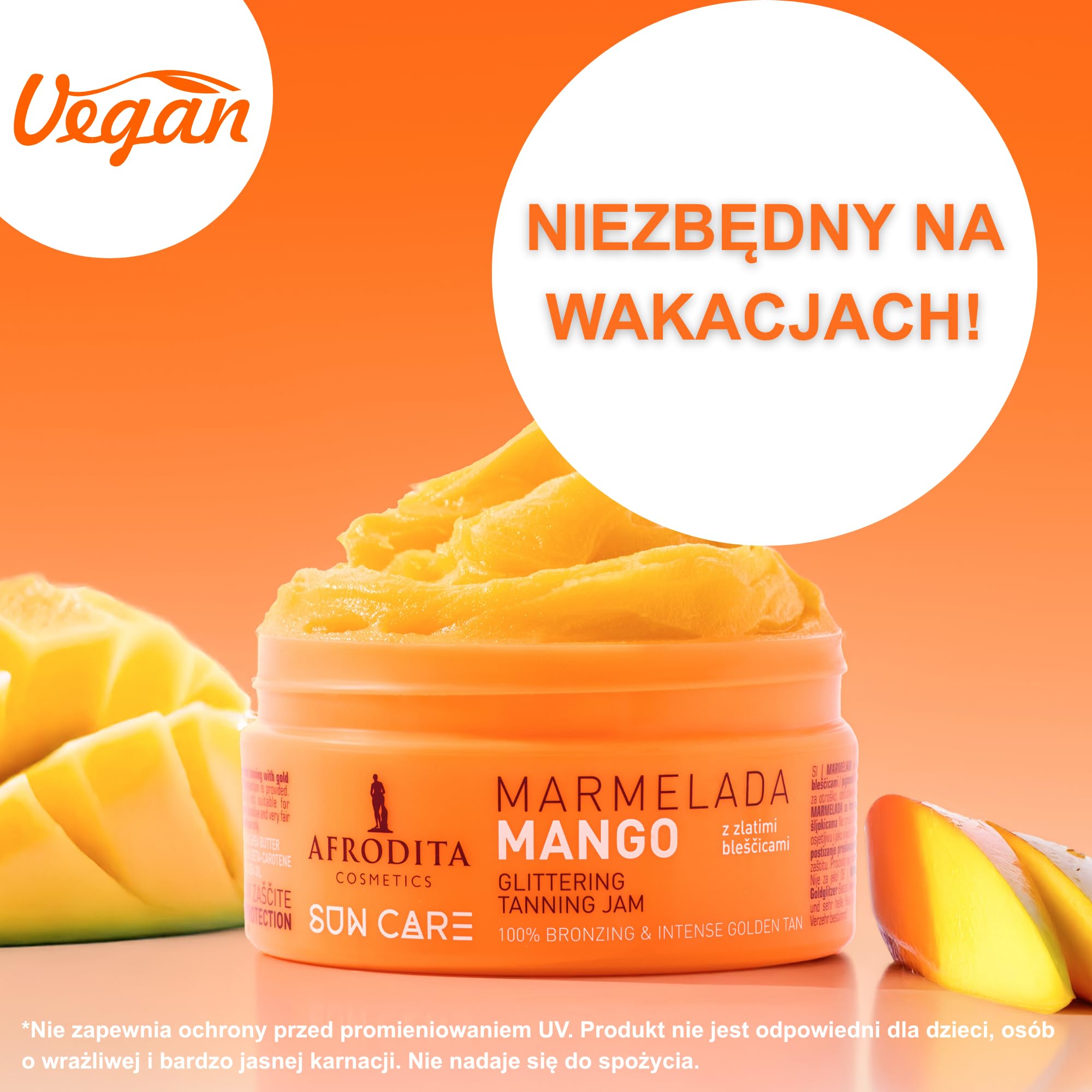 Afrodita Cosmetics Marmelada Mango przyspieszacz opalania – wegański dżem opalający ze złotym brokatem dla szybkiej naturalnej opalenizny – wodoodporny z ekstraktem z marchewki, masłem kakaowym i shea