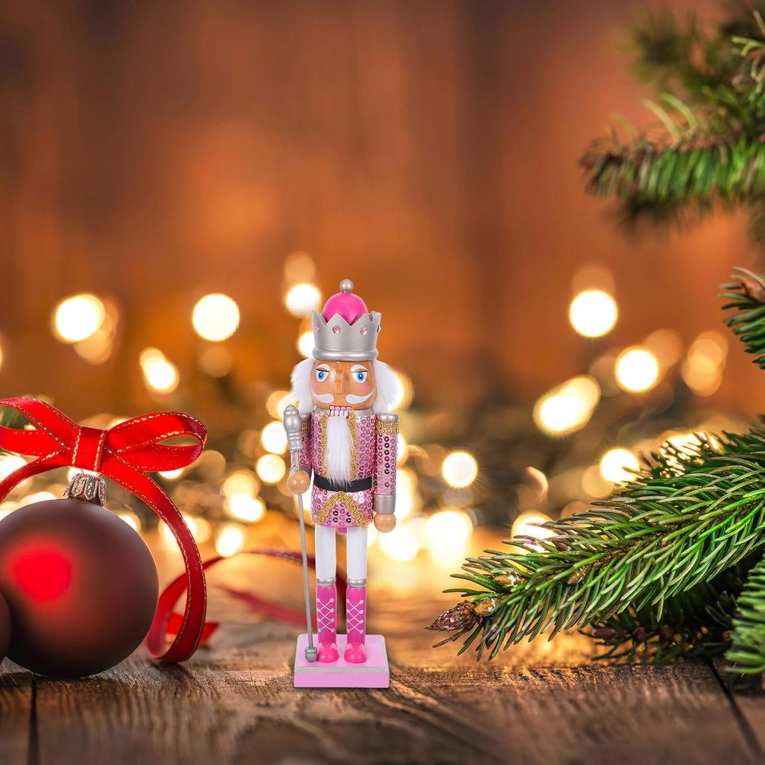 PRETYZOOM Christmas Nutcracker Figurine Wooden Soldier Doll 38cm Pink Traditional Holiday Nutcracker Decor for Mantel Shelves and Tabletop