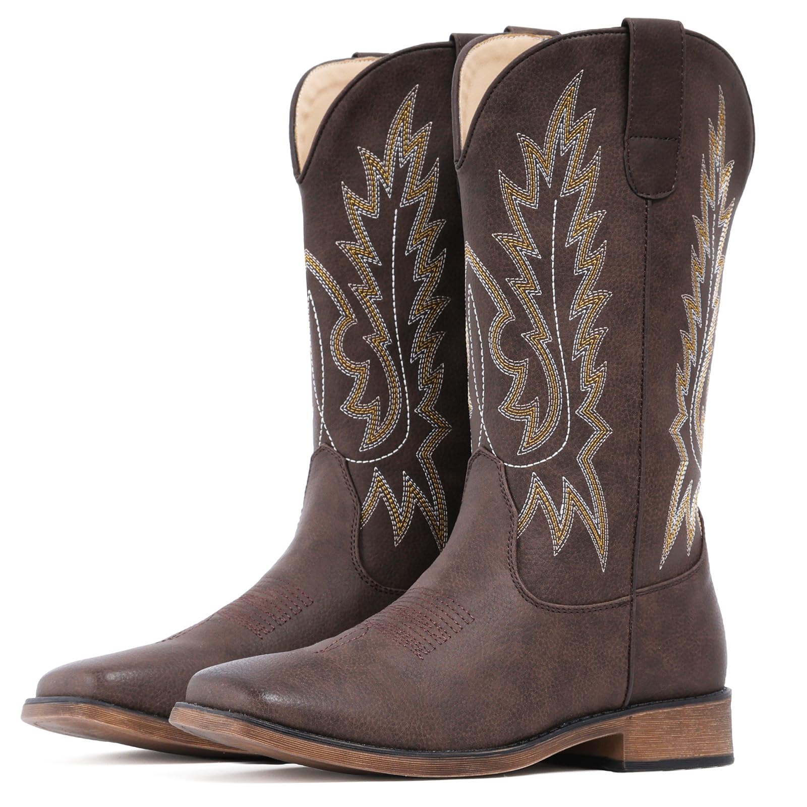 IUV Cowboy Boots For Women Square Toe Wide Western Boots Mid Calf Cowgirl Boots Pull On Embroidered Brown