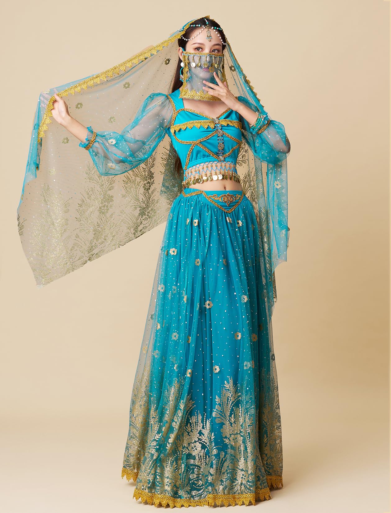 Bauchtanz-Kostüme für Damen, Aladin, Jasmin, Prinzessin, Verkleidung, Party, Halloween, Performance, Kostüme, Cosplay-Outfits