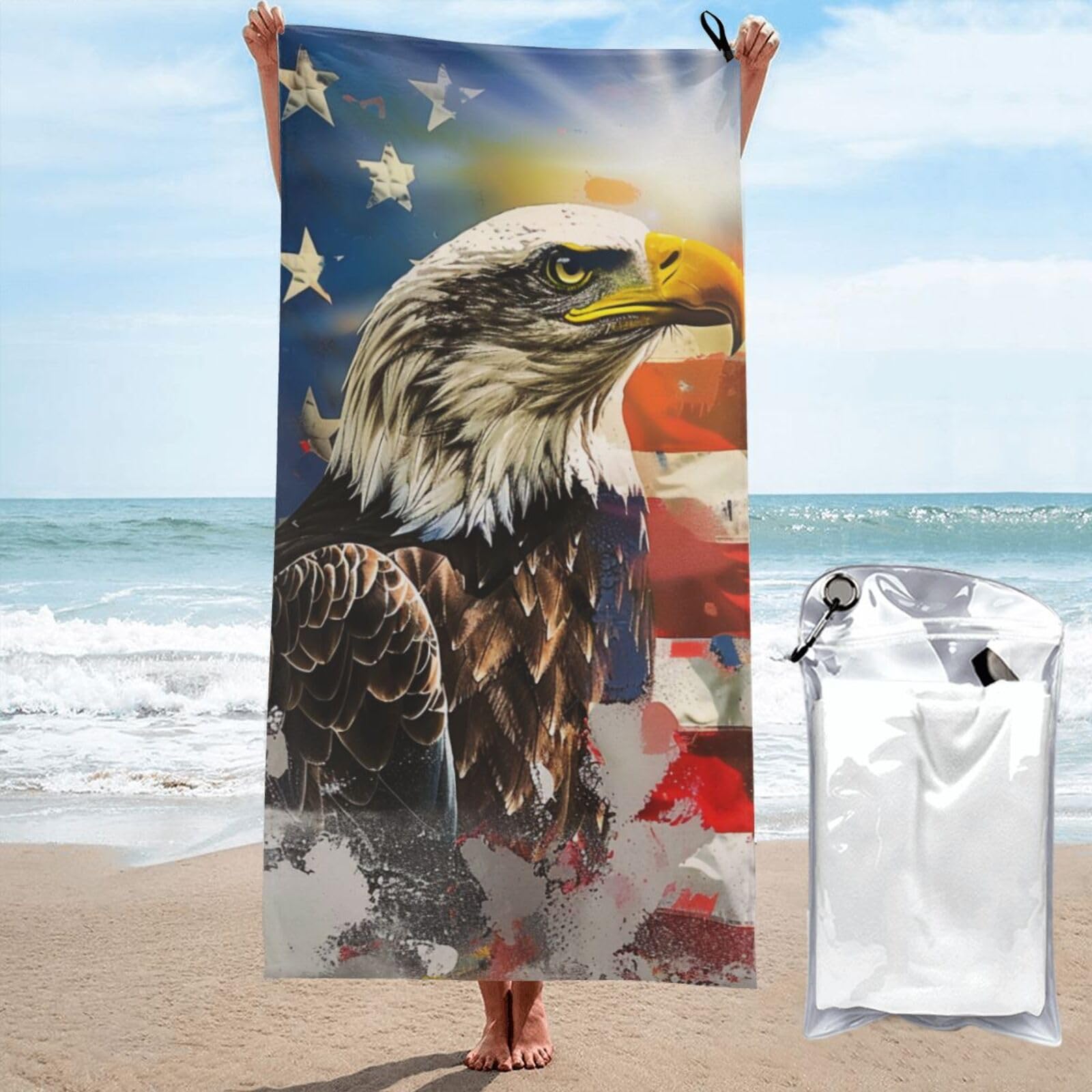 BWWHCCTI Flag and Eagle Art Printed Microfiber Quick Dry Beach Towel 70x140 CM, Fast Drying Bath Towels with Bags for Travel,Camping,Gym,Beach,Swimming,Yoga