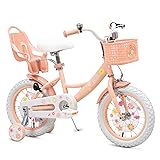 Girls Bike with Basket for Toddlers and Kids Aged 3-14 Years Old, 12 14 16 18 Inch with Training Wheels & Doll Seat, 20 Inch with Kickstand & Rear Rack, Princess Style Bicycle for Gift. Peach 16 Inch With Doll Seat
