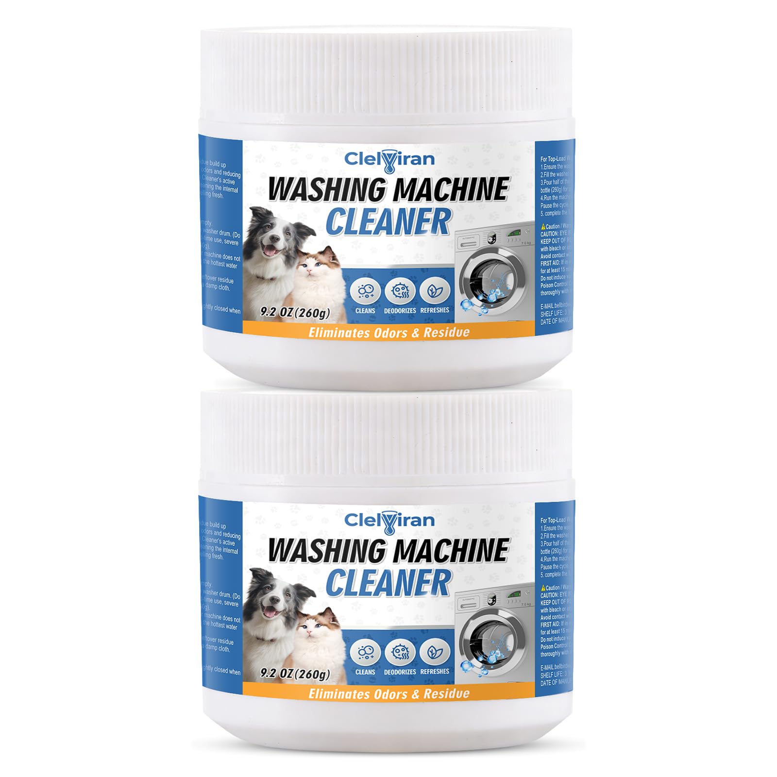 Pet Hair Washing Machine Cleaner Powder, Enzyme Action Removes Odor Causing Residue and Grime Deep Inside Pump, HE Front and Top Load Washer Descaler, Septic Safe (2 Pack)
