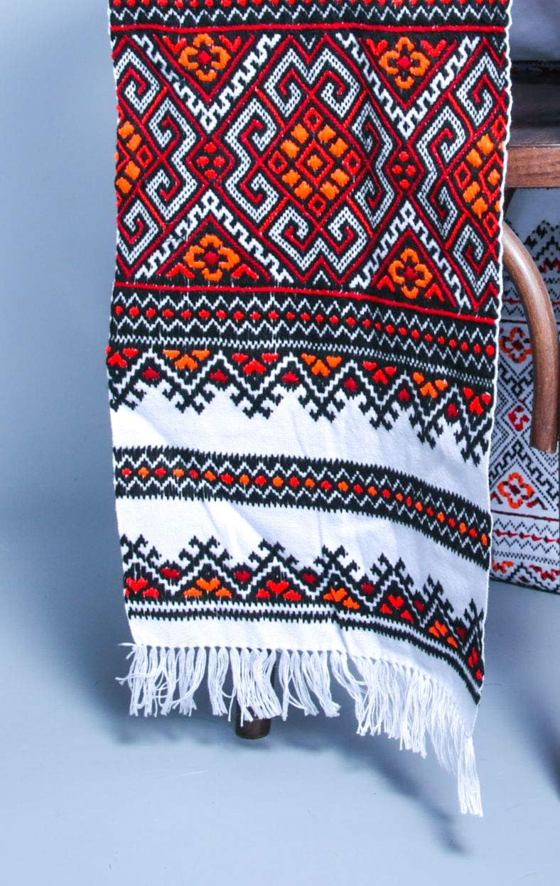 Ukrainian RUSHNYK for Wedding Hand Satin Stitch Ethnic Embroidered Towel Red Yellow Slavic Decor 190 x 35 cm