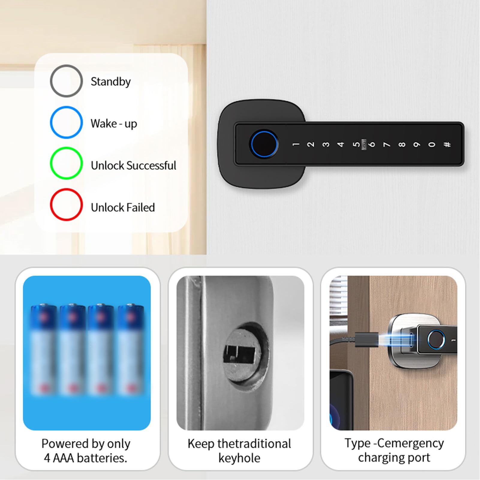 Maniglia per Porta Intelligente Blocco Impronta Digitale Tastiera per Accesso Senza Chiave Blocco di Sicurezza Biometrico 6 Metodi di Sblocco Installazione Semplice per Hotel con (Nera)