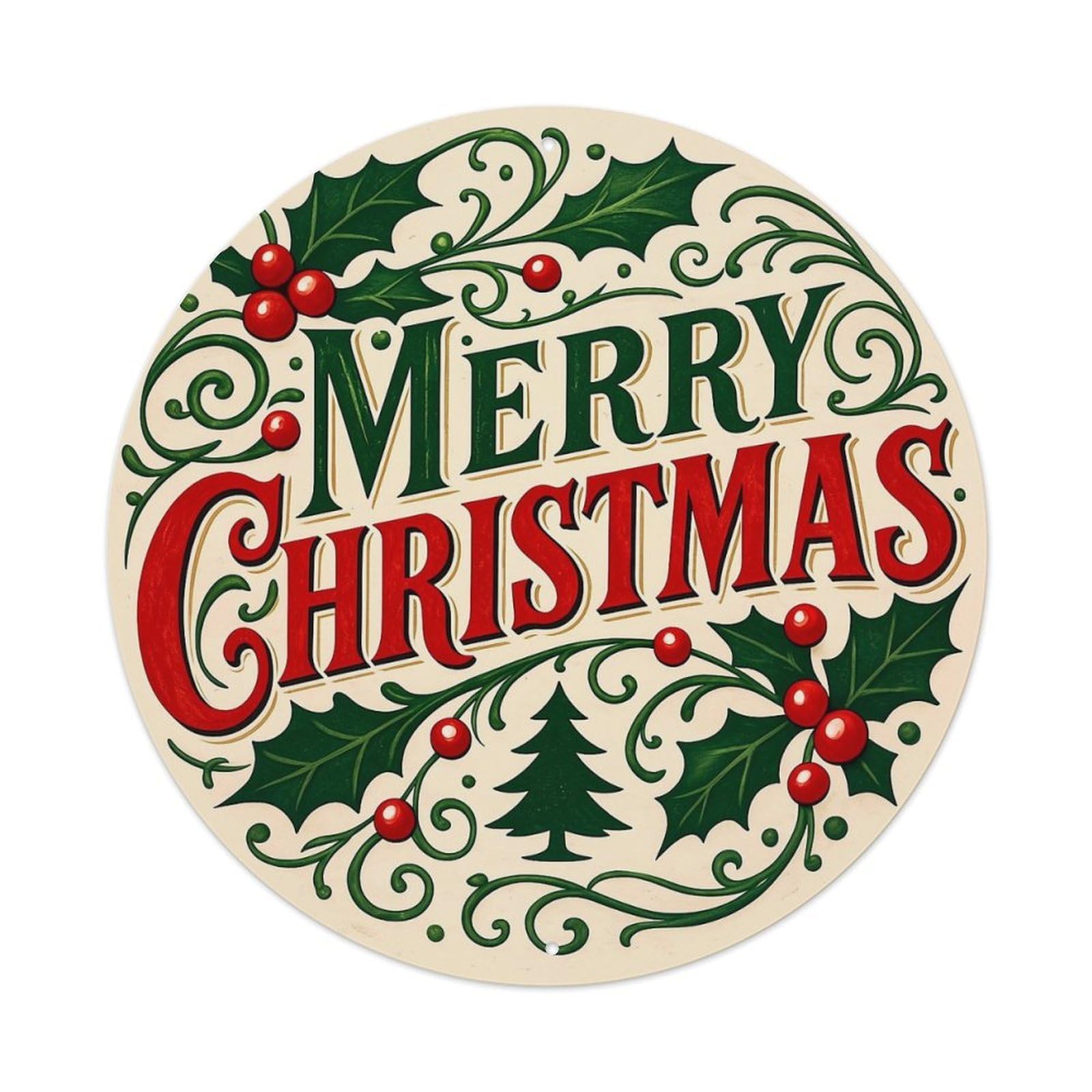 Merry Christmas Holly Berry Tree Round Tin Sign Vintage Metal Sign Home Bar Garden Indoor & Outdoor Wall Decor Retro Metal Poster 8x8 Inch