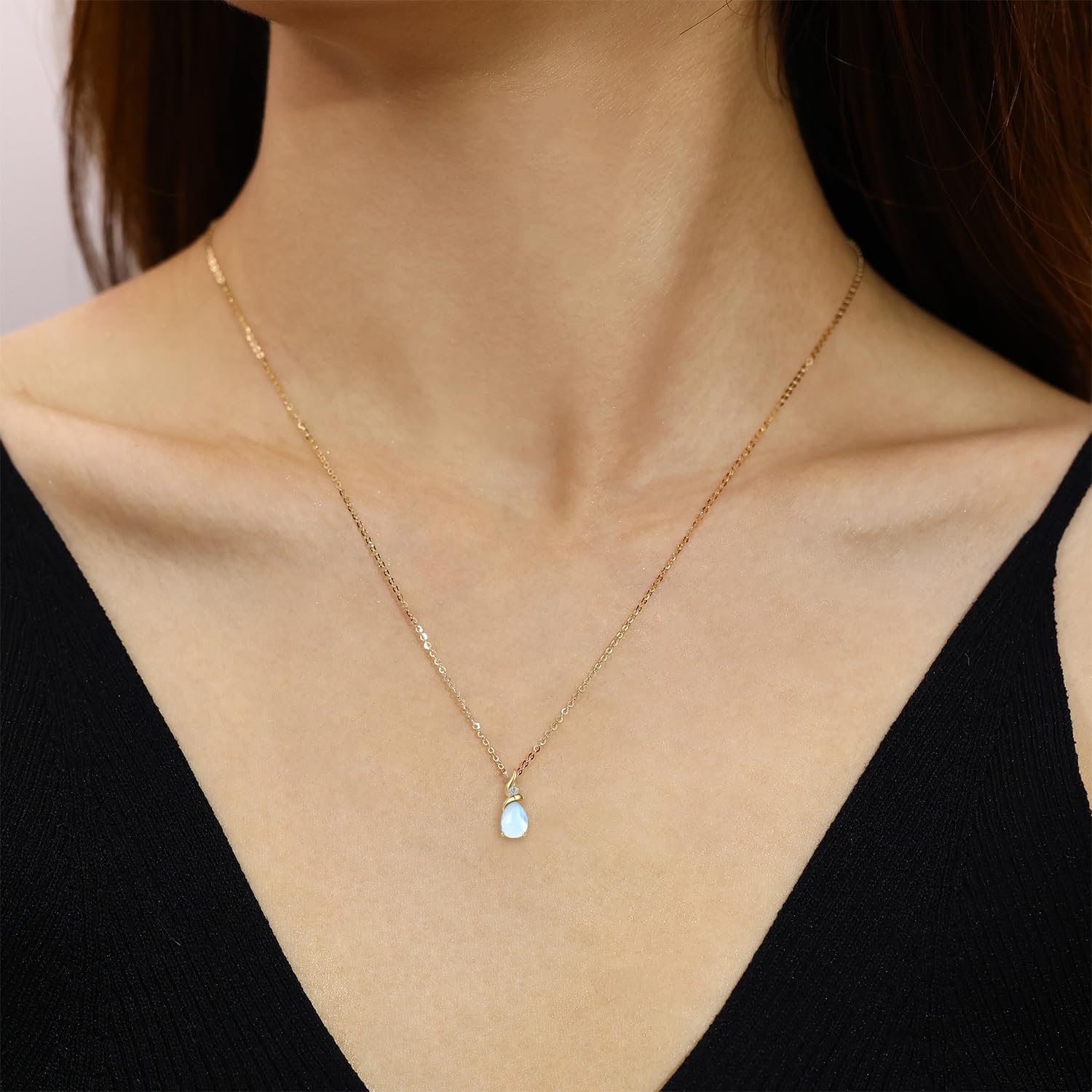 FANCIME Solide 14 Karat 585 Gelb Gold Anhänger Kette mit Tropfen Amethyst/Aquamarin/Smaragd/Rubin/Saphir/Opal und echt Diamant Geschenk Schmuck für Damen, 925 Silber Kette: 40 + 5 cm