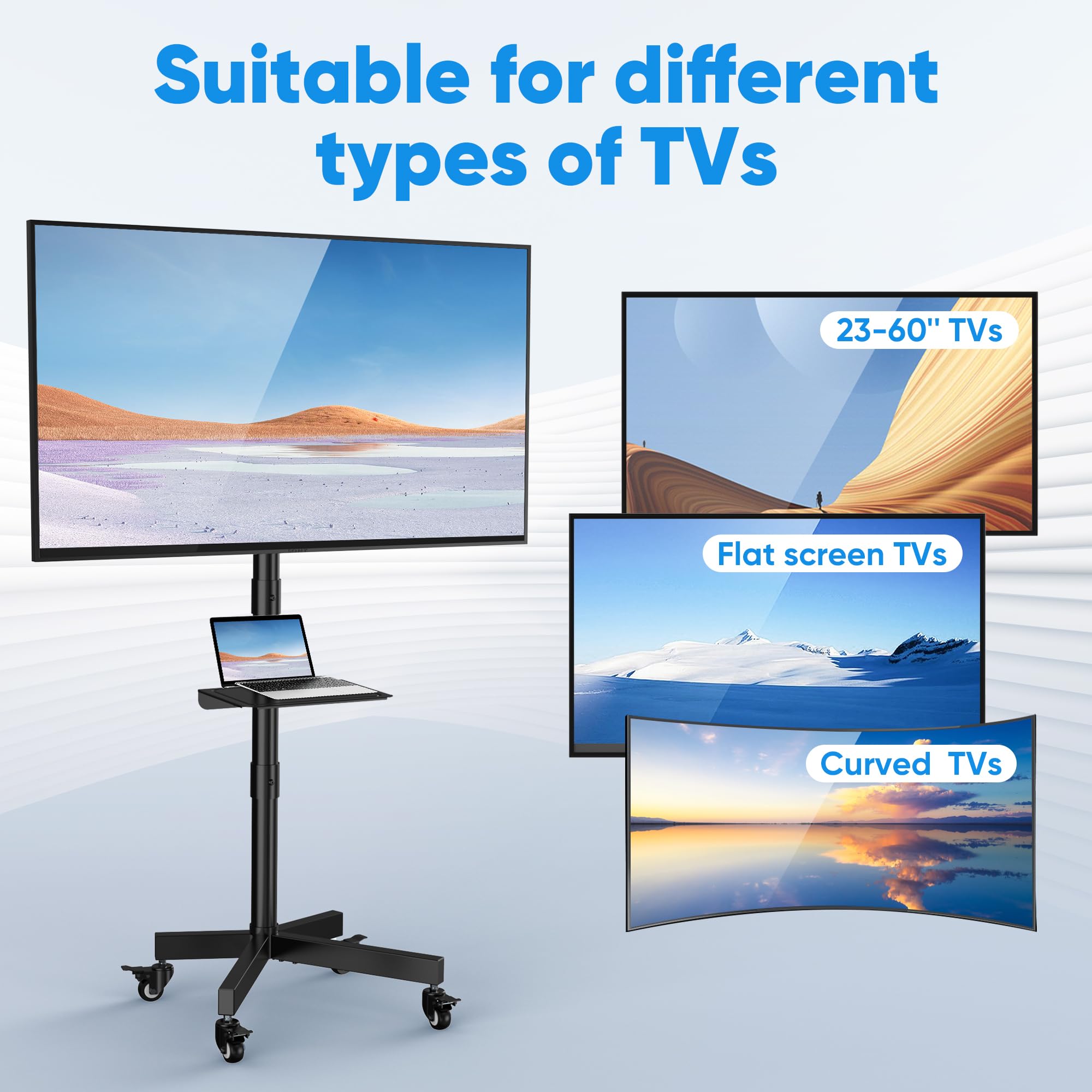 FORGING MOUNT Supporto TV da Pavimento per 26-60 Pollici TV, Altezza Regolabile Carrello Porta TV con Ruote Fino a 45kg, Porta TV da Terra Mobile con Scaffale per Laptop, Max VESA 400x400mm